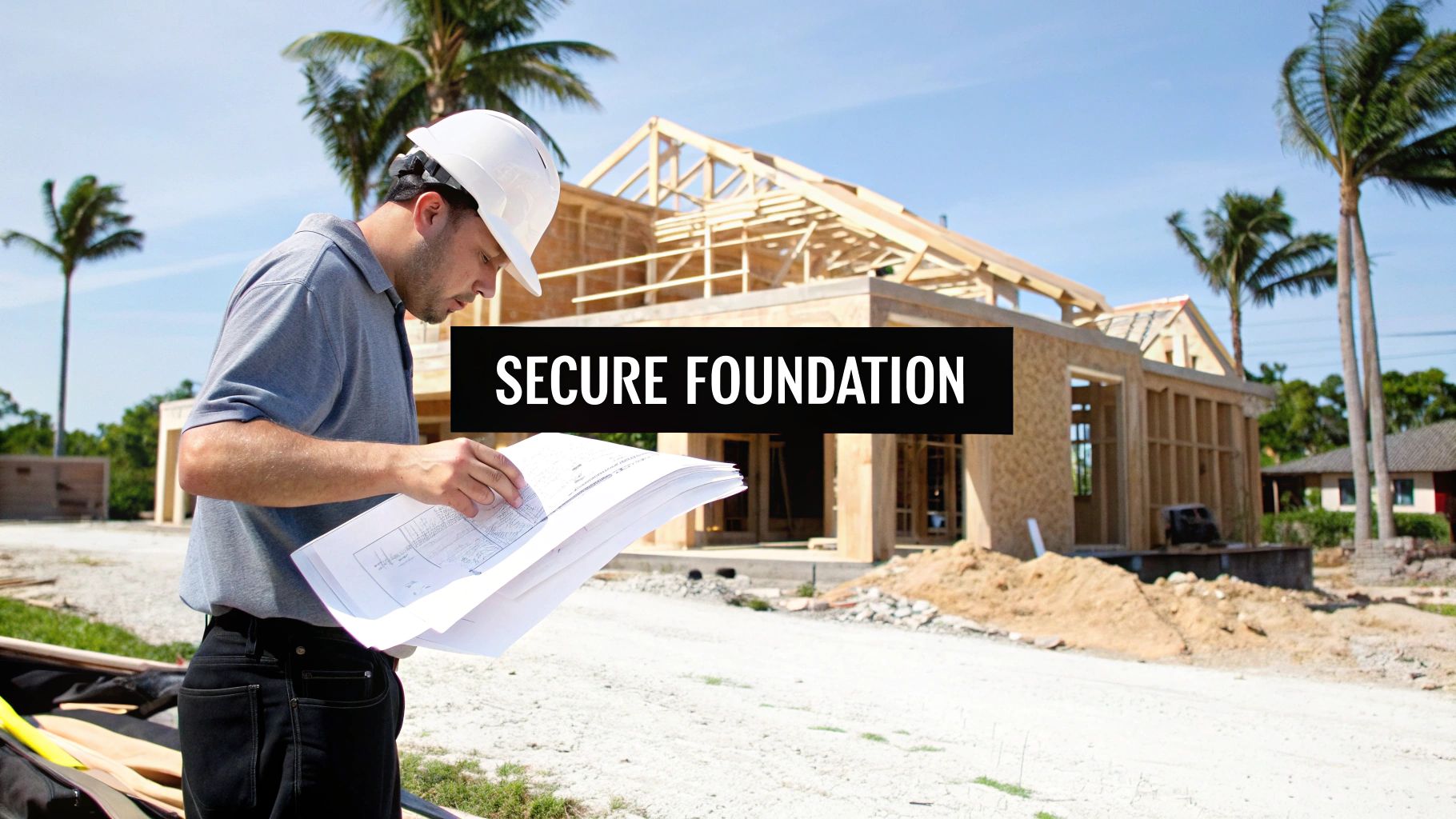 A construction worker in a hard hat reviews blueprints at a new house building site.
