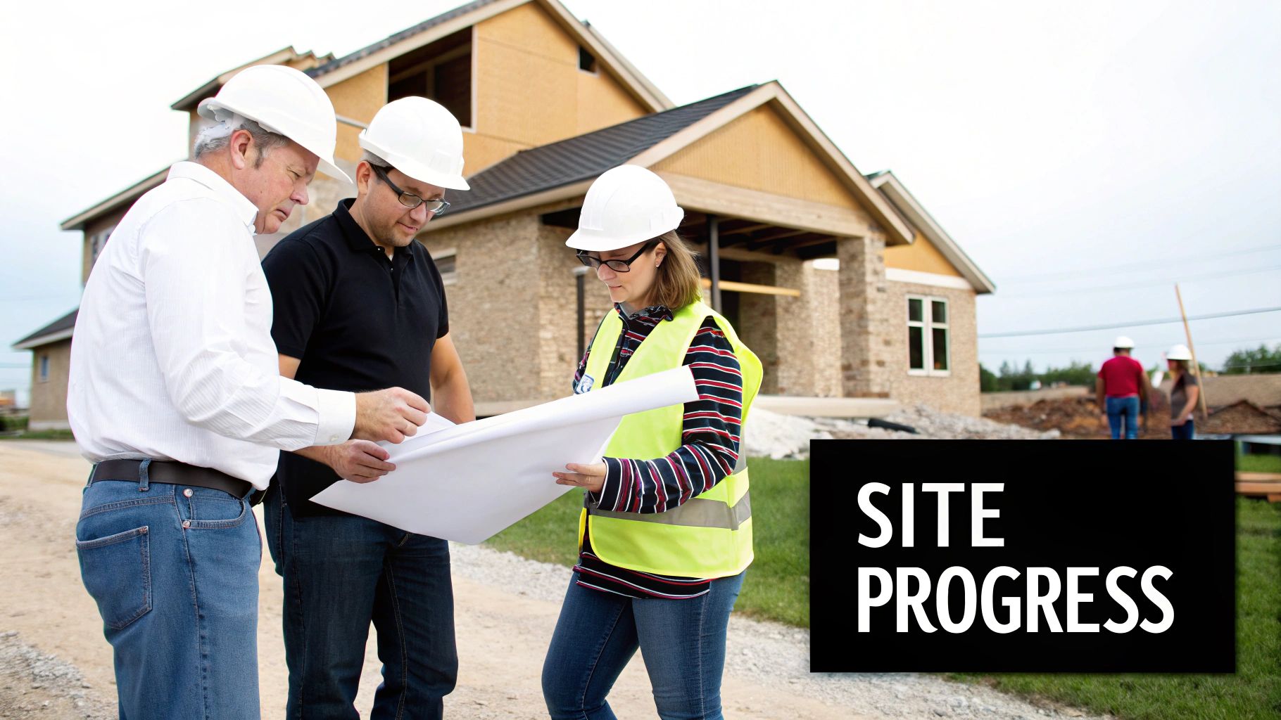 Construction team, including an architect, reviews blueprints on a new house building site, showing progress.