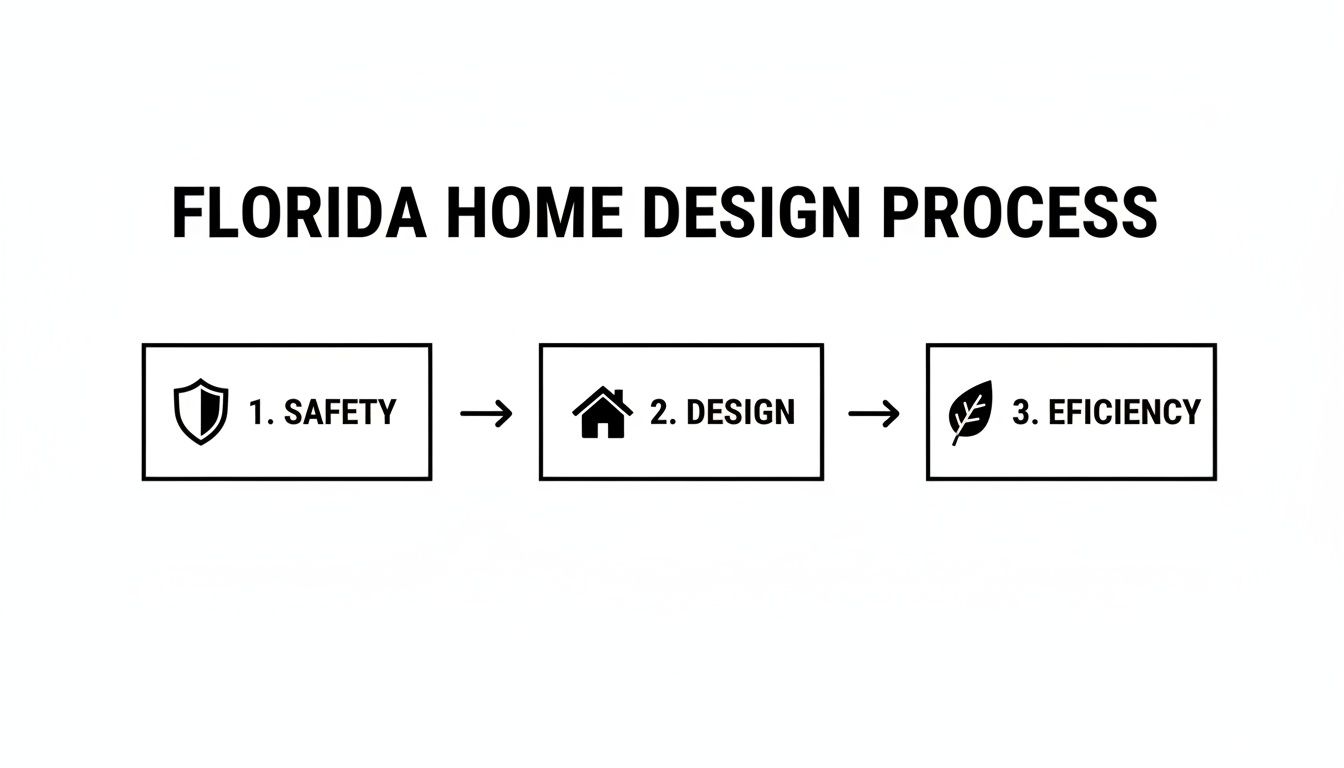 Flowchart outlining the Florida home design process: 1. Safety (shield), 2. Design (house), 3. Efficiency (leaf).
