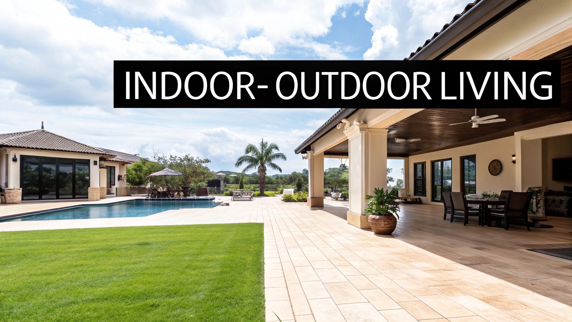 A luxurious house featuring a large swimming pool, spacious patio, and open indoor-outdoor living areas.