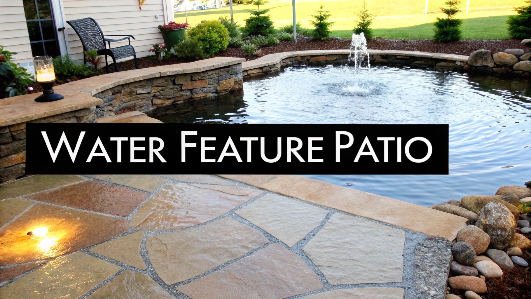 A beautiful backyard patio featuring a stone water fountain, pond, and bluestone paving.