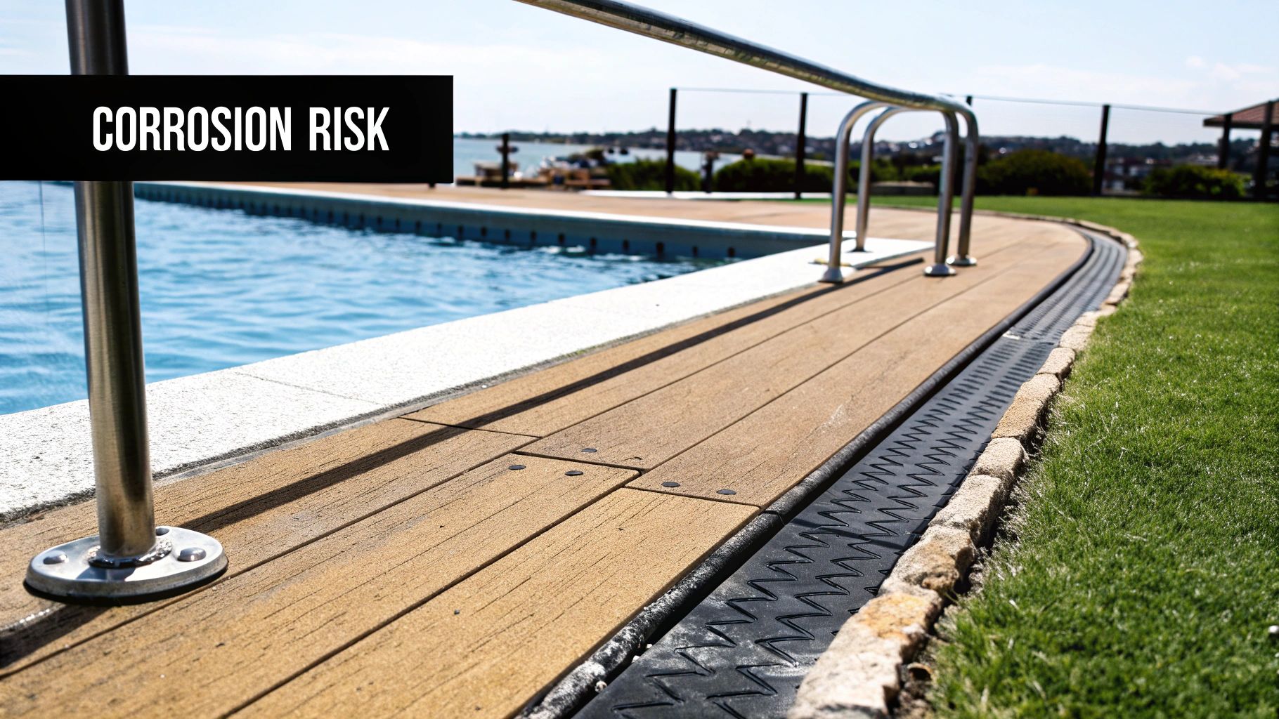 A swimming pool deck with a metal handrail and drainage, highlighting a corrosion risk.