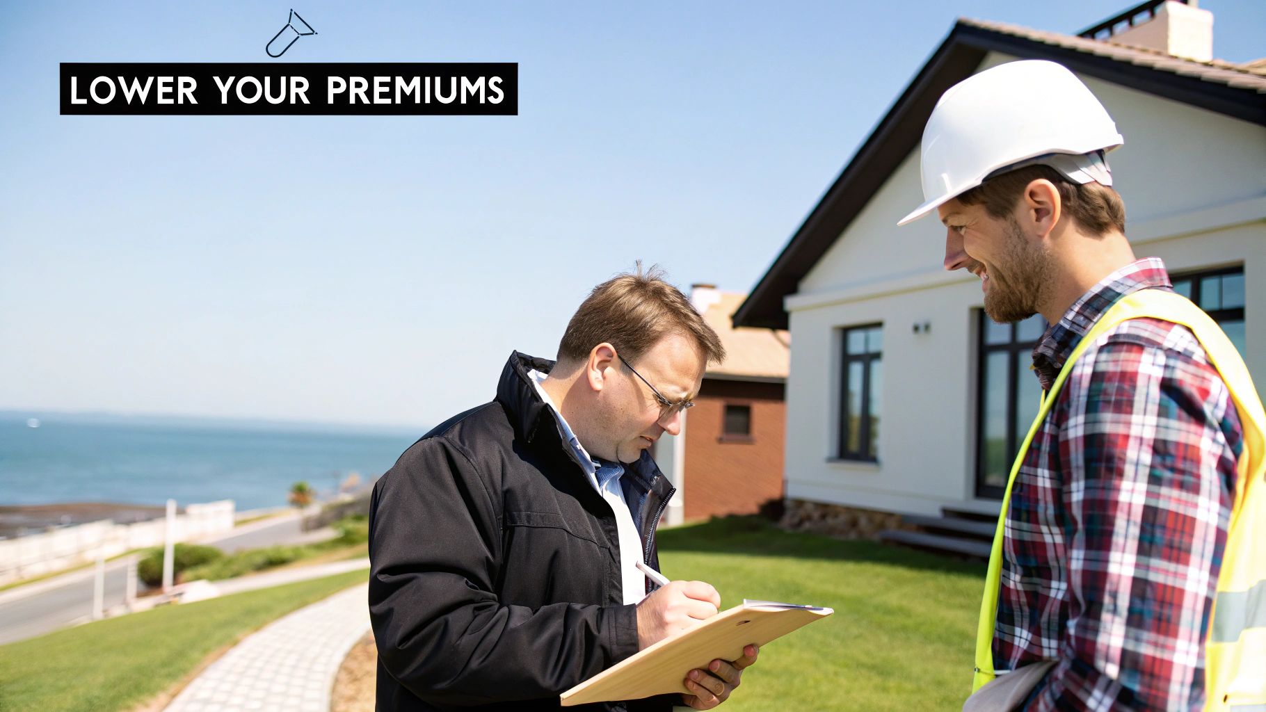 Insurance inspector and contractor reviewing property documentation to lower hurricane insurance premiums in Florida