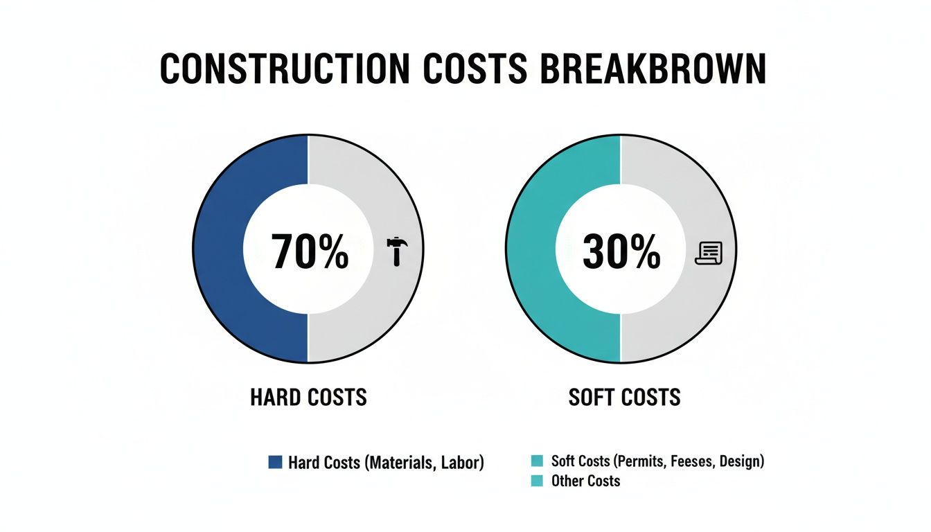 A construction costs breakdown chart showing 70% hard costs (materials, labor) and 30% soft costs (permits, fees, design).