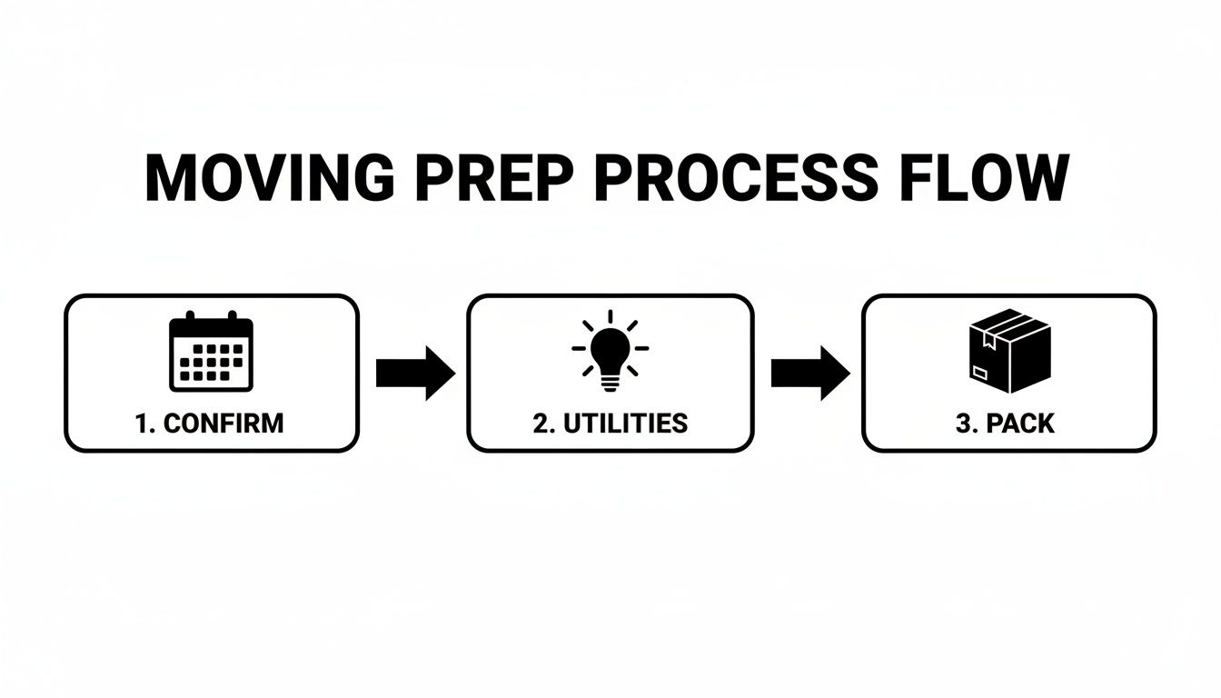 A moving preparation process flow chart with three steps: 1. Confirm, 2. Utilities, and 3. Pack.