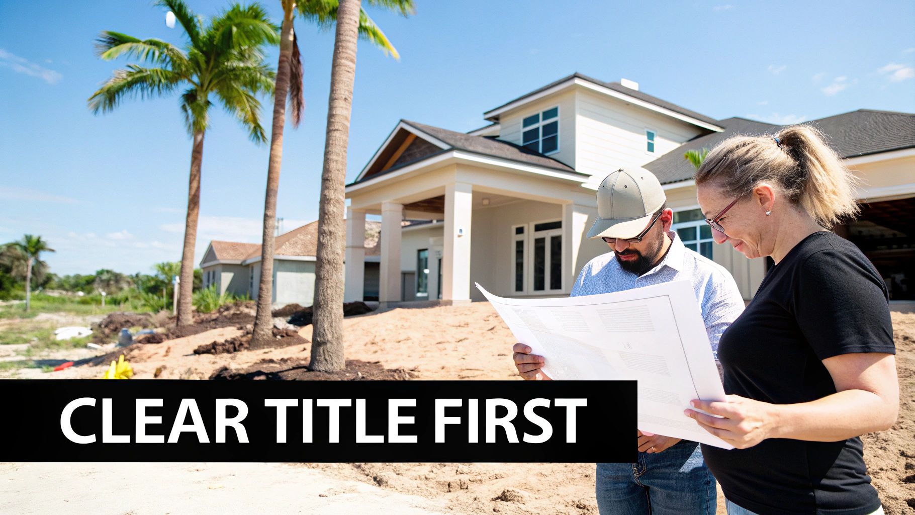 A man and woman review blueprints in front of a new house with palm trees, promoting clear title.