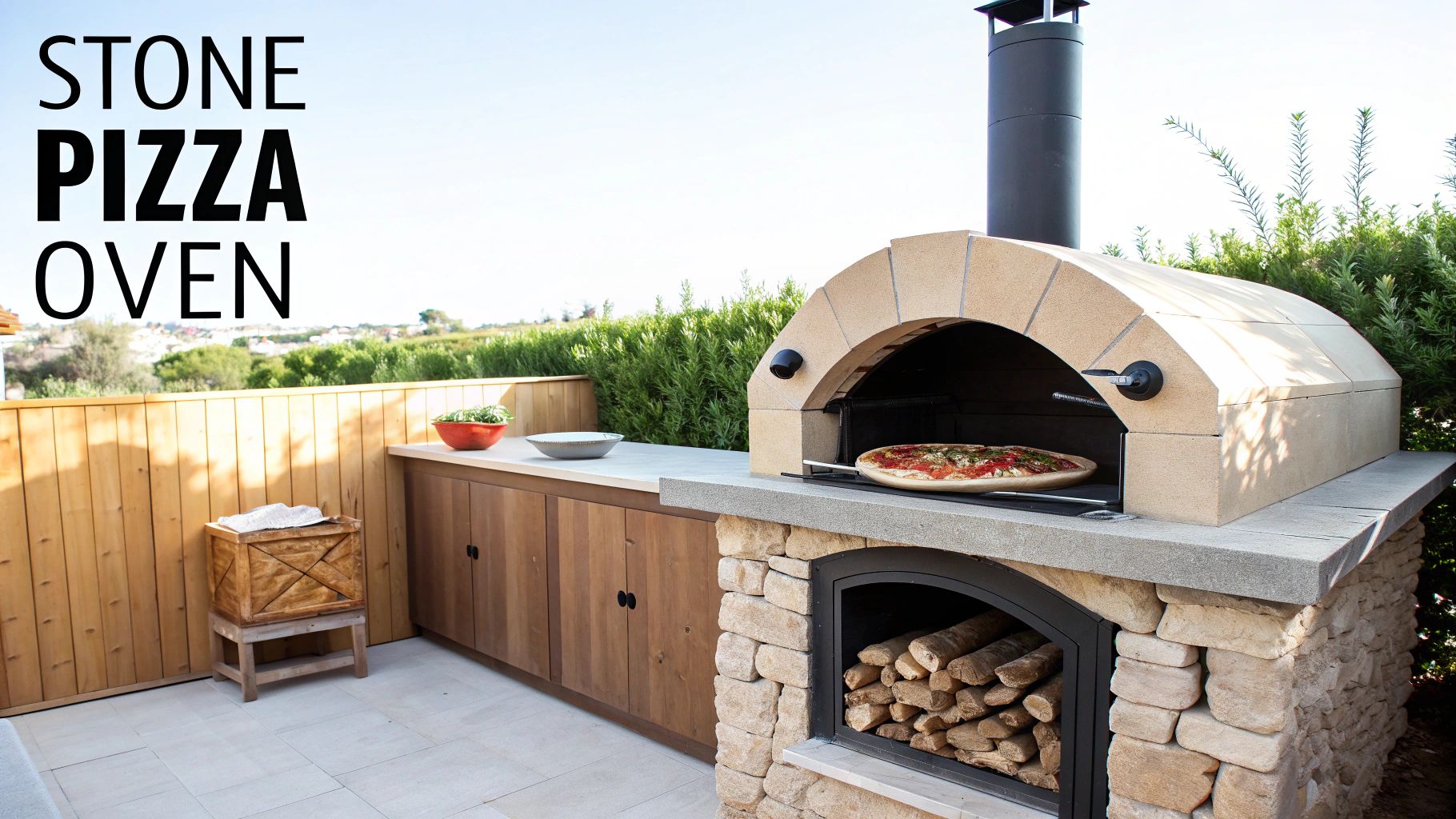Outdoor kitchen with a stone pizza oven cooking a pizza, wooden cabinetry, and wood storage.