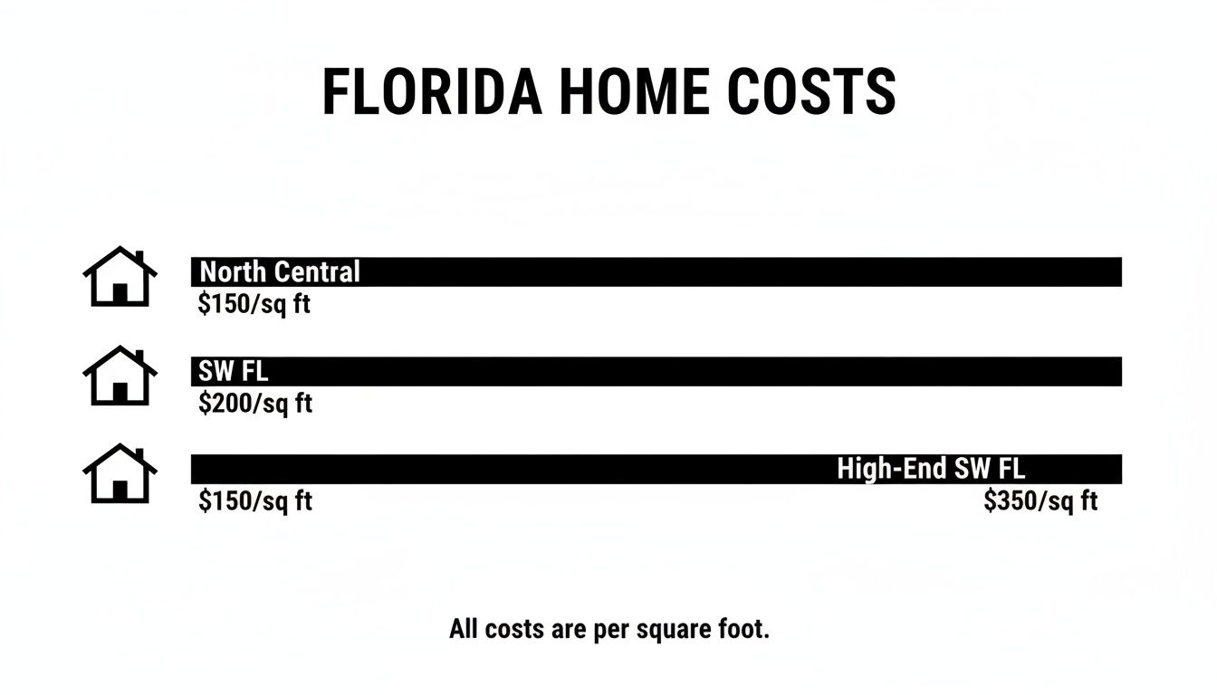 Infographic showing Florida home costs per square foot for North Central, SW FL, and High-End SW FL regions.