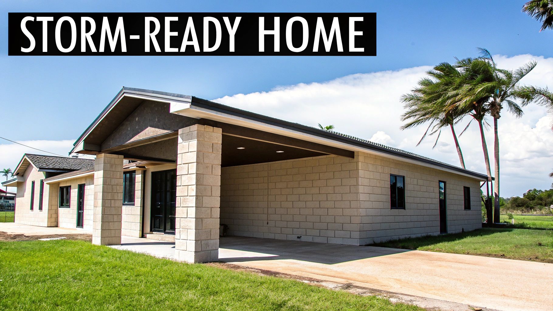 Modern storm-ready concrete block home with sturdy construction and palm trees in Florida