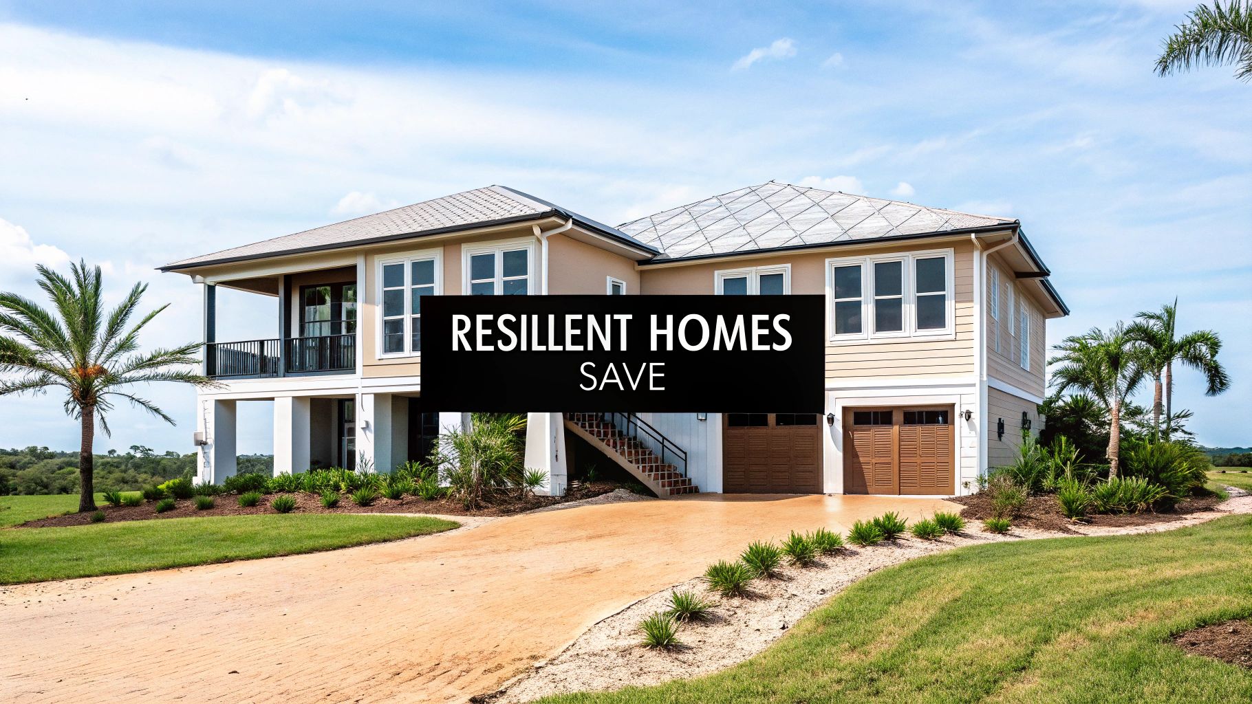 A large, elevated tan house with a circular driveway and palm trees under a blue sky. Text 'RESILIENT HOMES SAVE' is overlaid.
