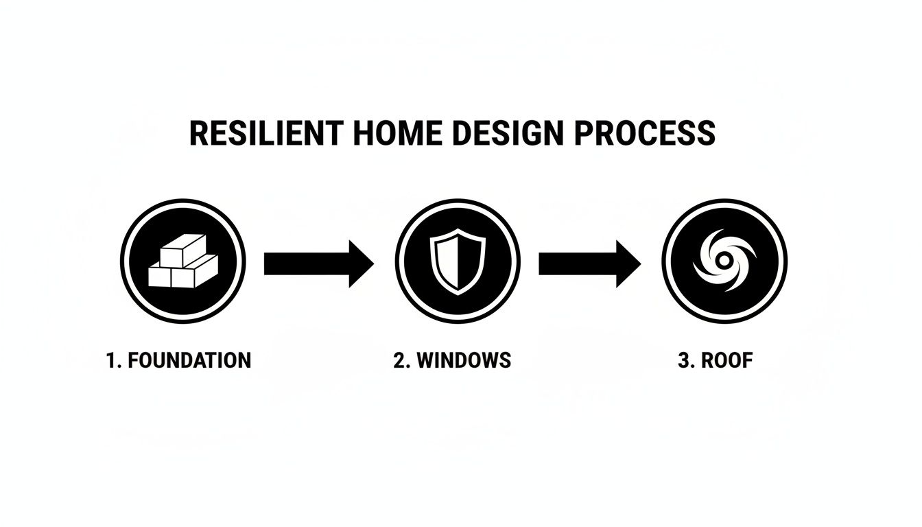 Diagram showing a resilient home design process with steps for foundation, windows, and roof.