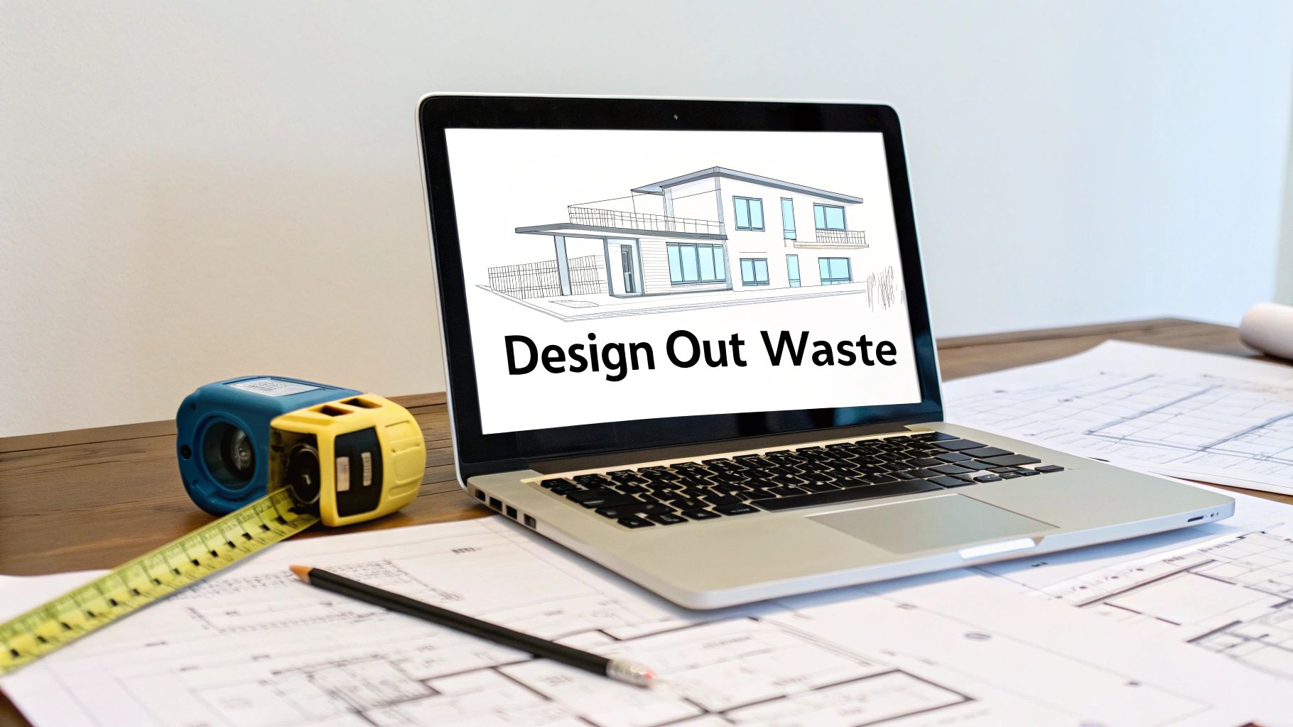 A blueprint of a custom home with a hard hat and measuring tools, symbolizing the design and planning phase.