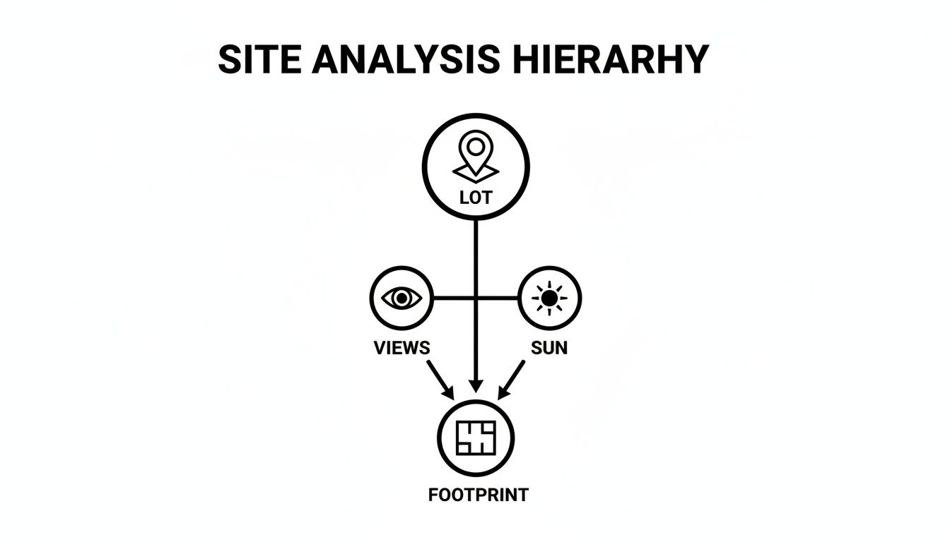 Diagram illustrating the site analysis hierarchy: lot feeds into views and sun, which influence footprint.