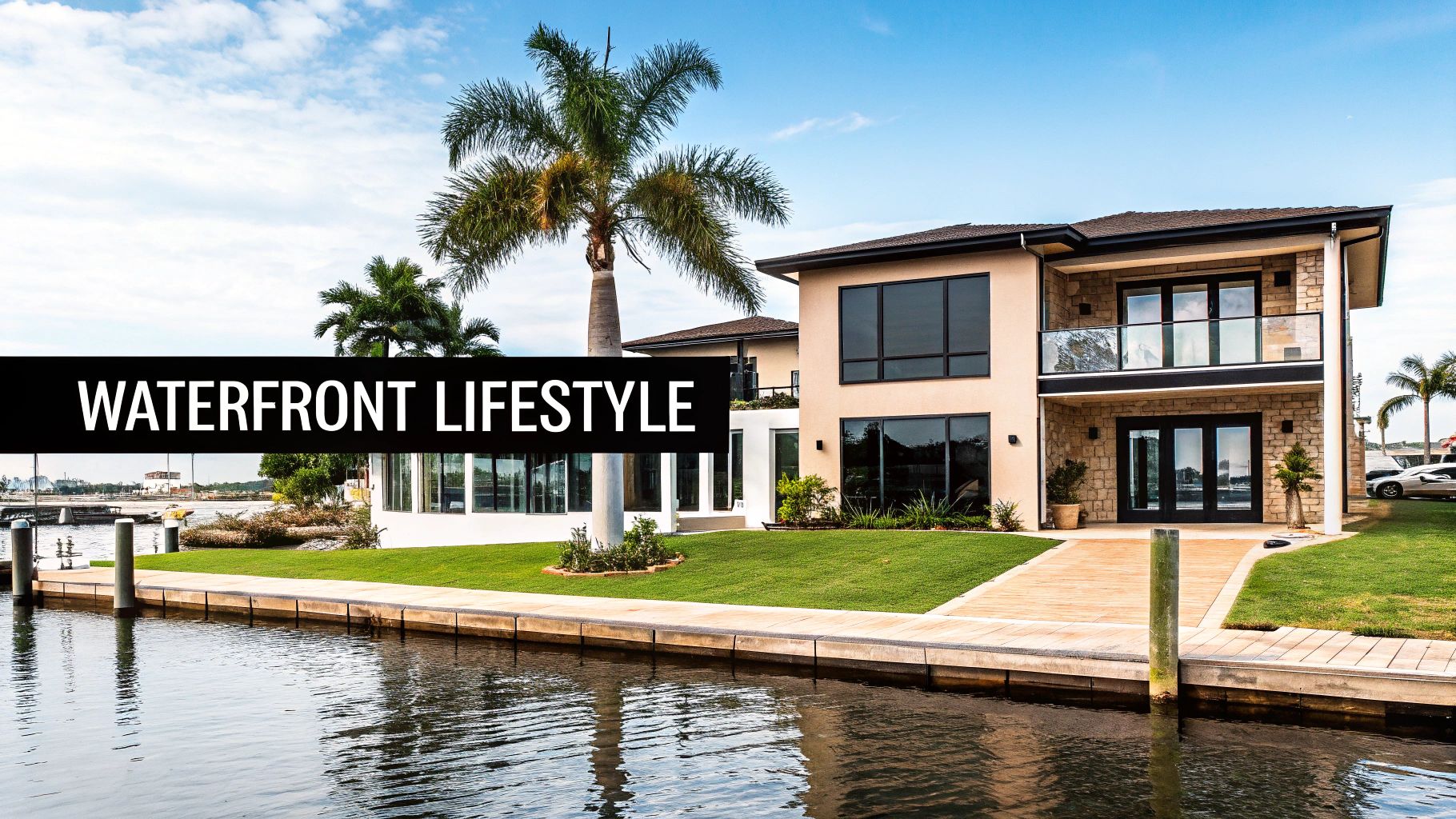 A luxurious two-story waterfront home with a private dock and palm trees under a sunny sky.