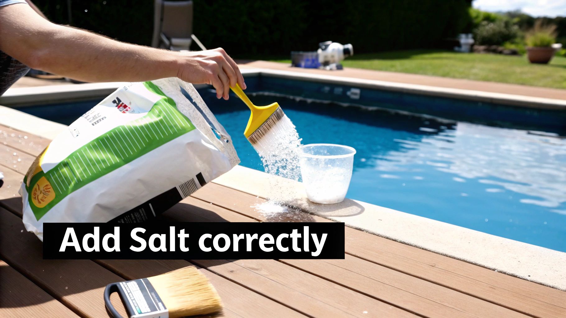 A person adds salt from a large bag into a cup using a brush, next to a blue swimming pool.