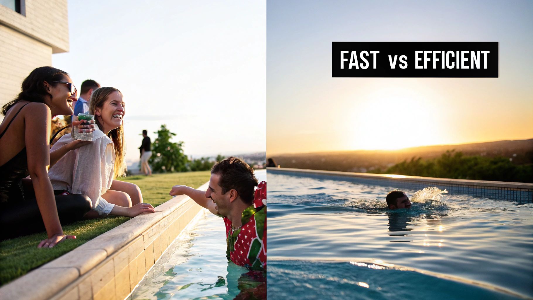 A person relaxing in a custom home's swimming pool at sunset, illustrating a perfectly heated and inviting environment.