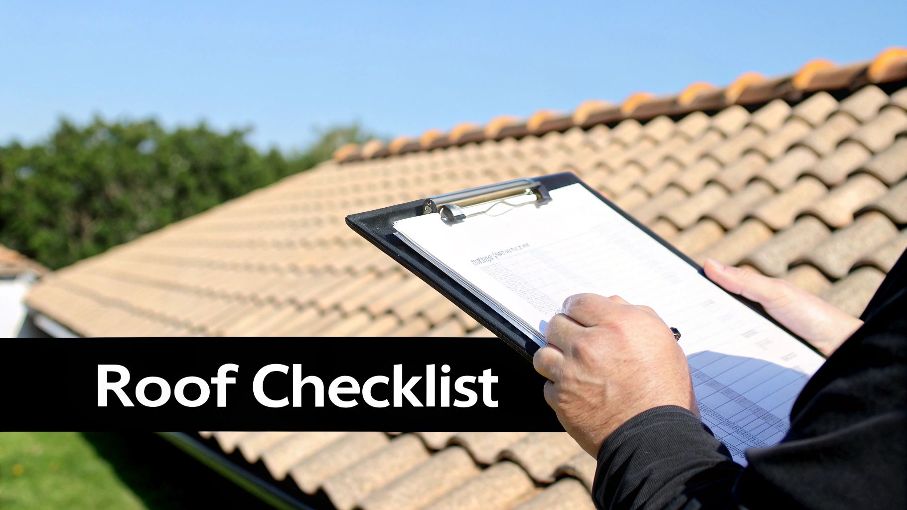 A person reviewing a 'Roof Checklist' on a clipboard while inspecting a tiled roof.