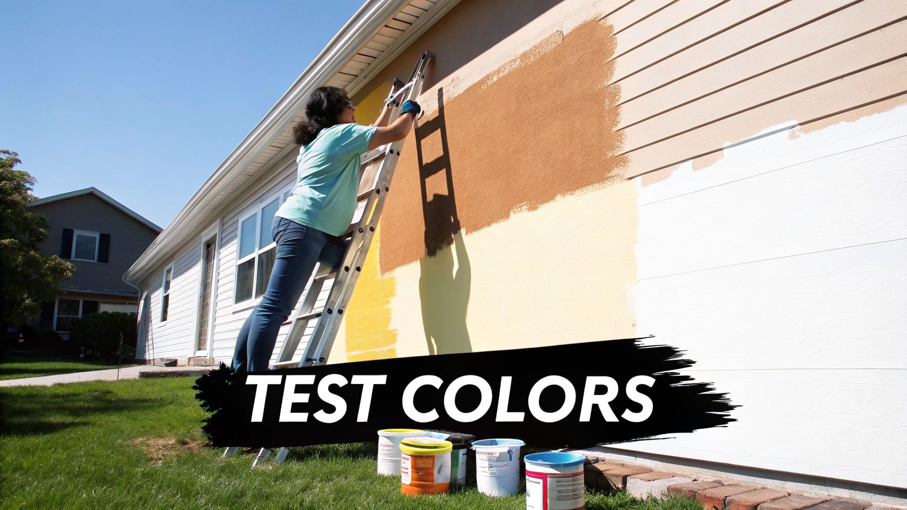 A person on a ladder applies different test paint colors to a house exterior, with several paint cans on the grass.