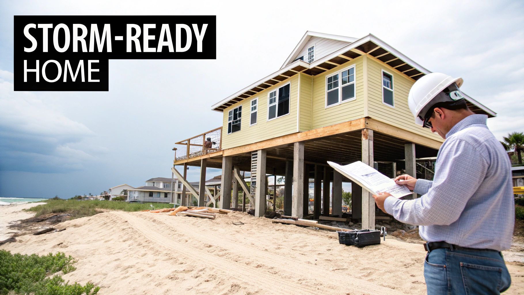 A construction worker reviews plans for a new storm-ready home on stilts by the beach.