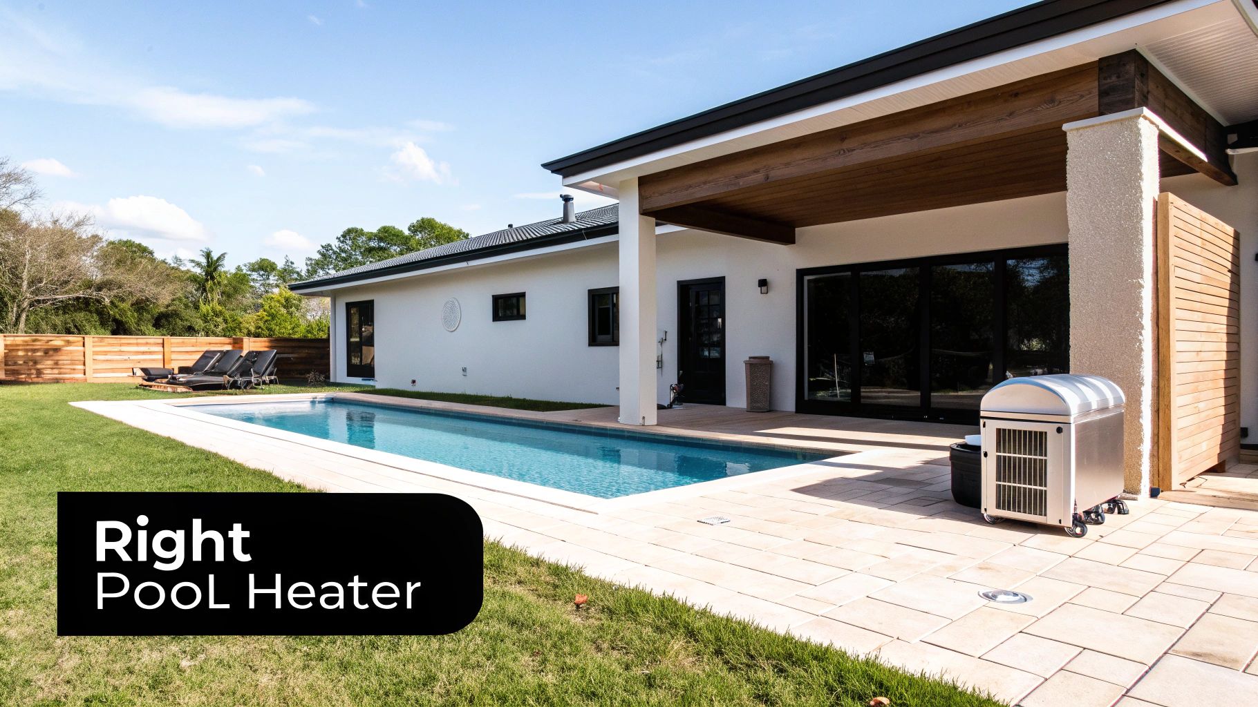A modern swimming pool with a waterfall feature at a custom-built Florida home, showcasing luxury outdoor living.