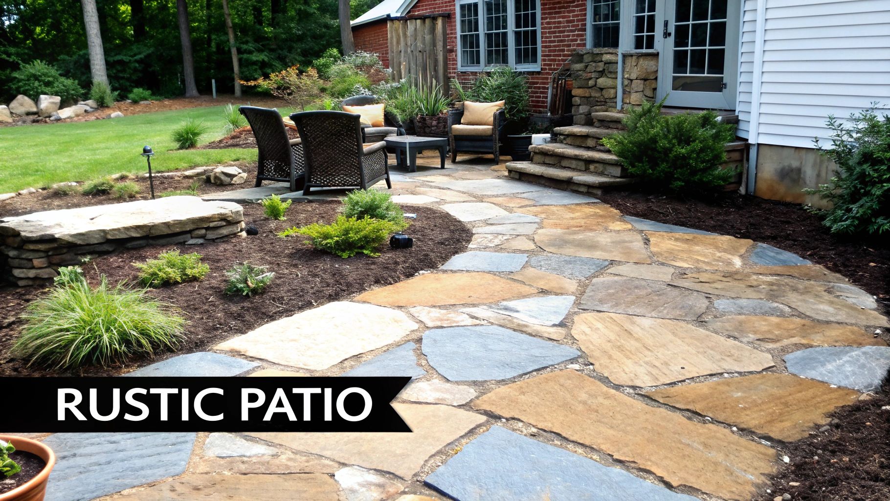 A beautifully landscaped backyard features a rustic flagstone patio with outdoor seating, stairs, and lush greenery.