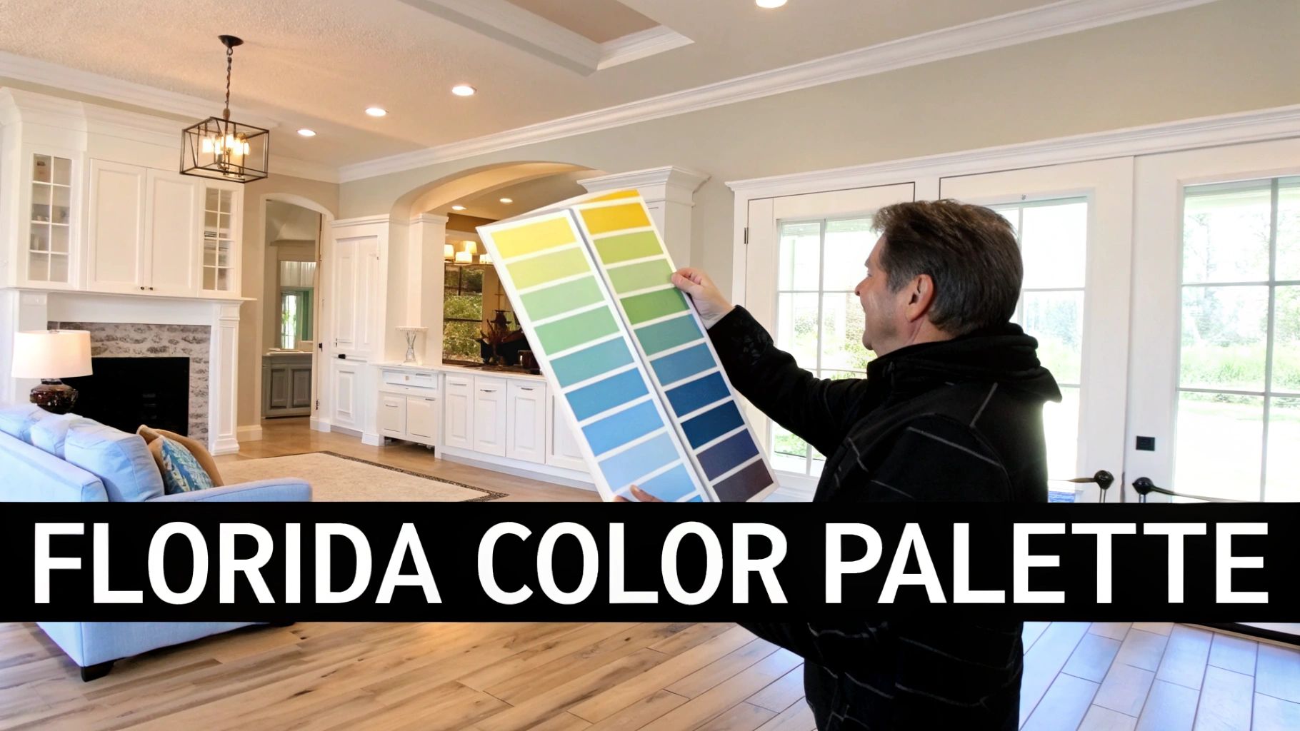 A man holding a color swatch board with yellows, greens, and blues in a bright room.