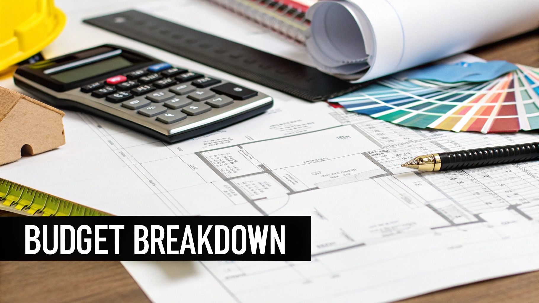 Architectural plans, calculator, model house, and tools for home construction budget breakdown.