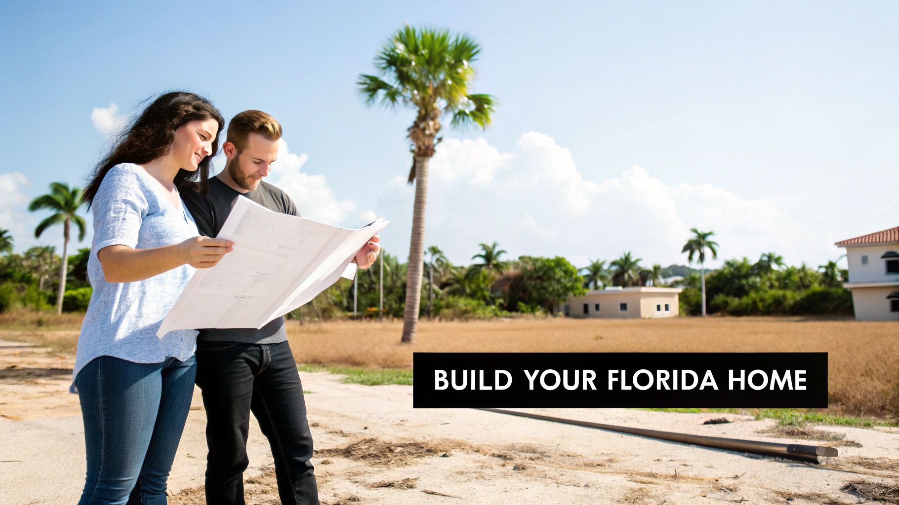 Young couple reviewing architectural blueprints on vacant Florida land with palm trees