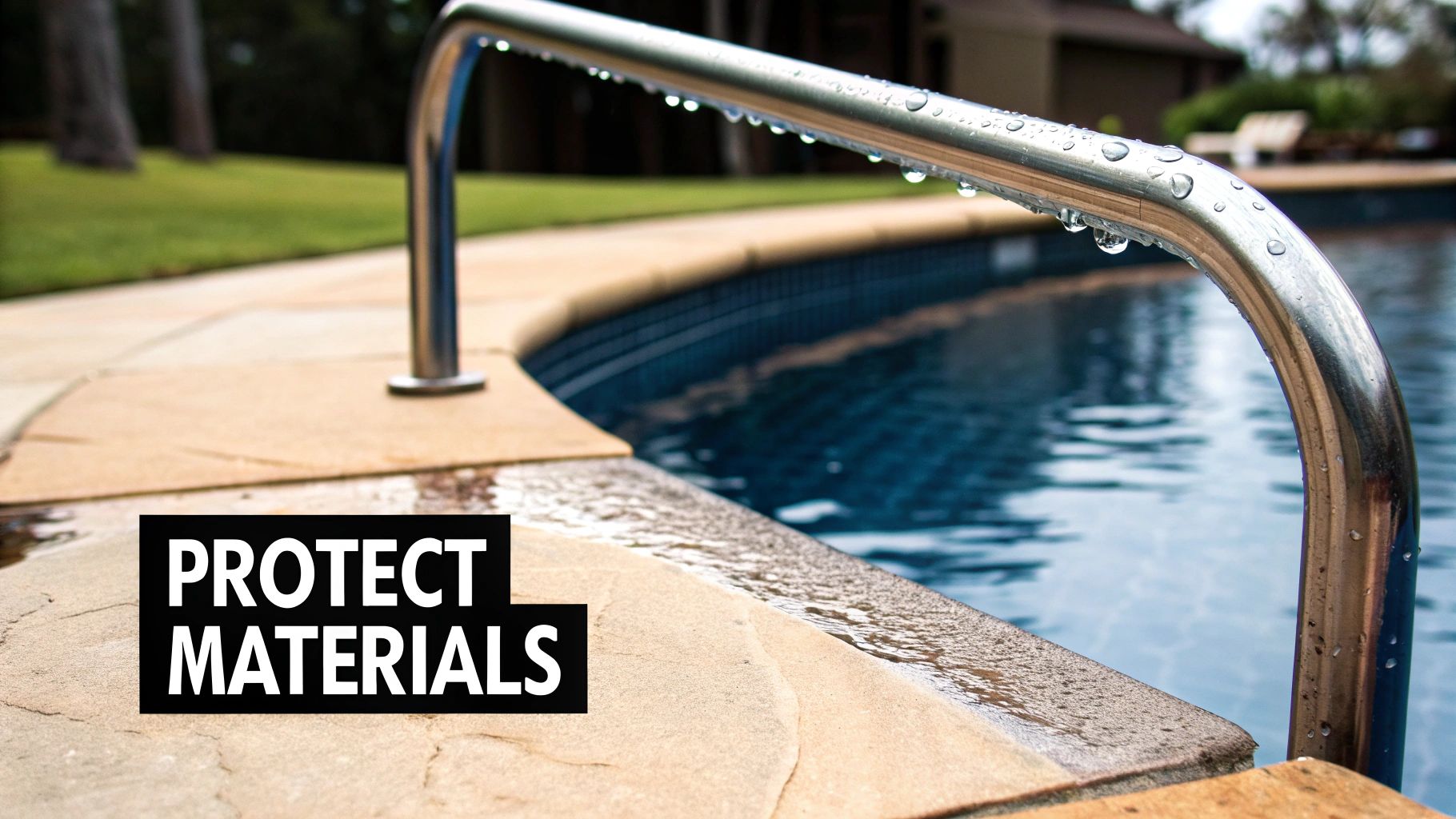 A luxurious poolside with natural stone coping and high-end fixtures