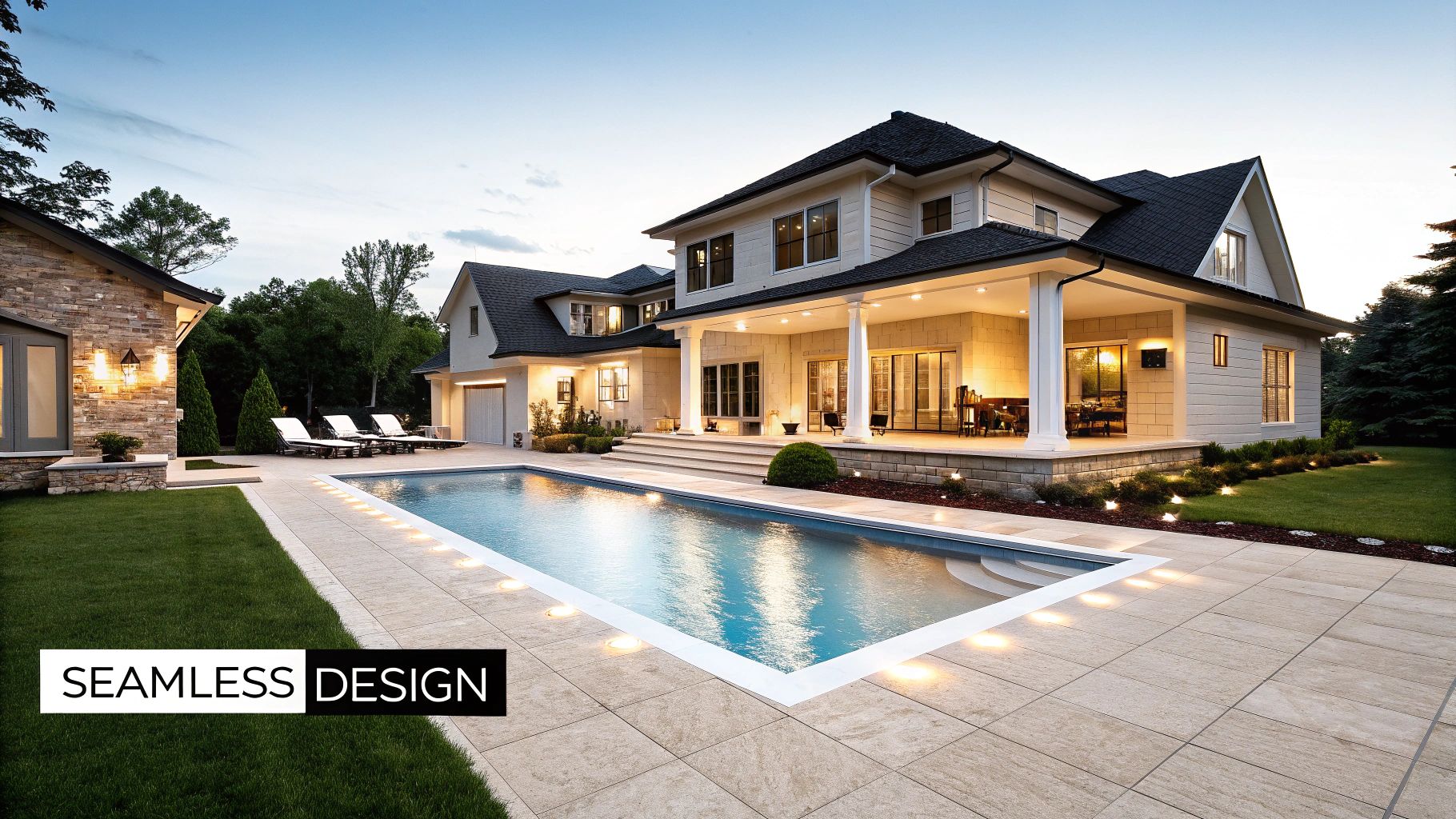 Luxurious home backyard with a sparkling inground swimming pool, illuminated patio, and lush green lawn at dusk.