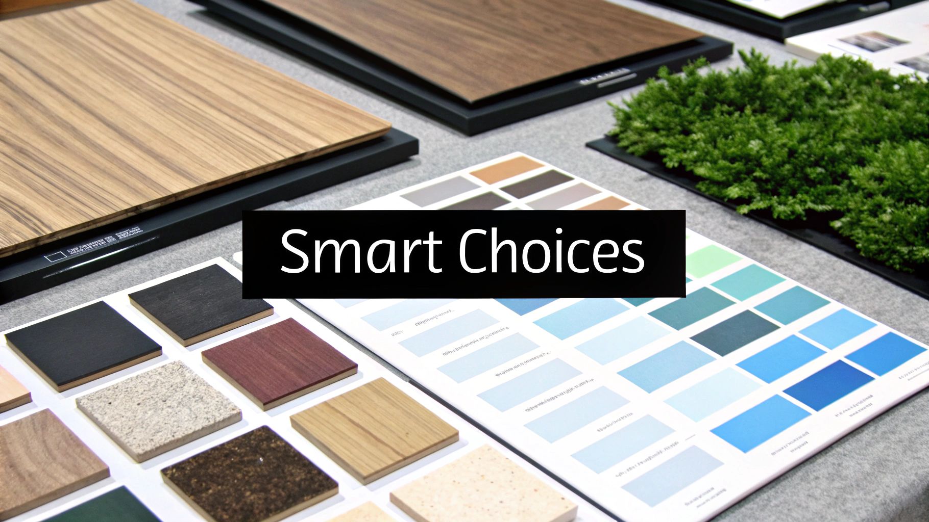 A display of various material samples including wood, stone, and color swatches for smart design choices.