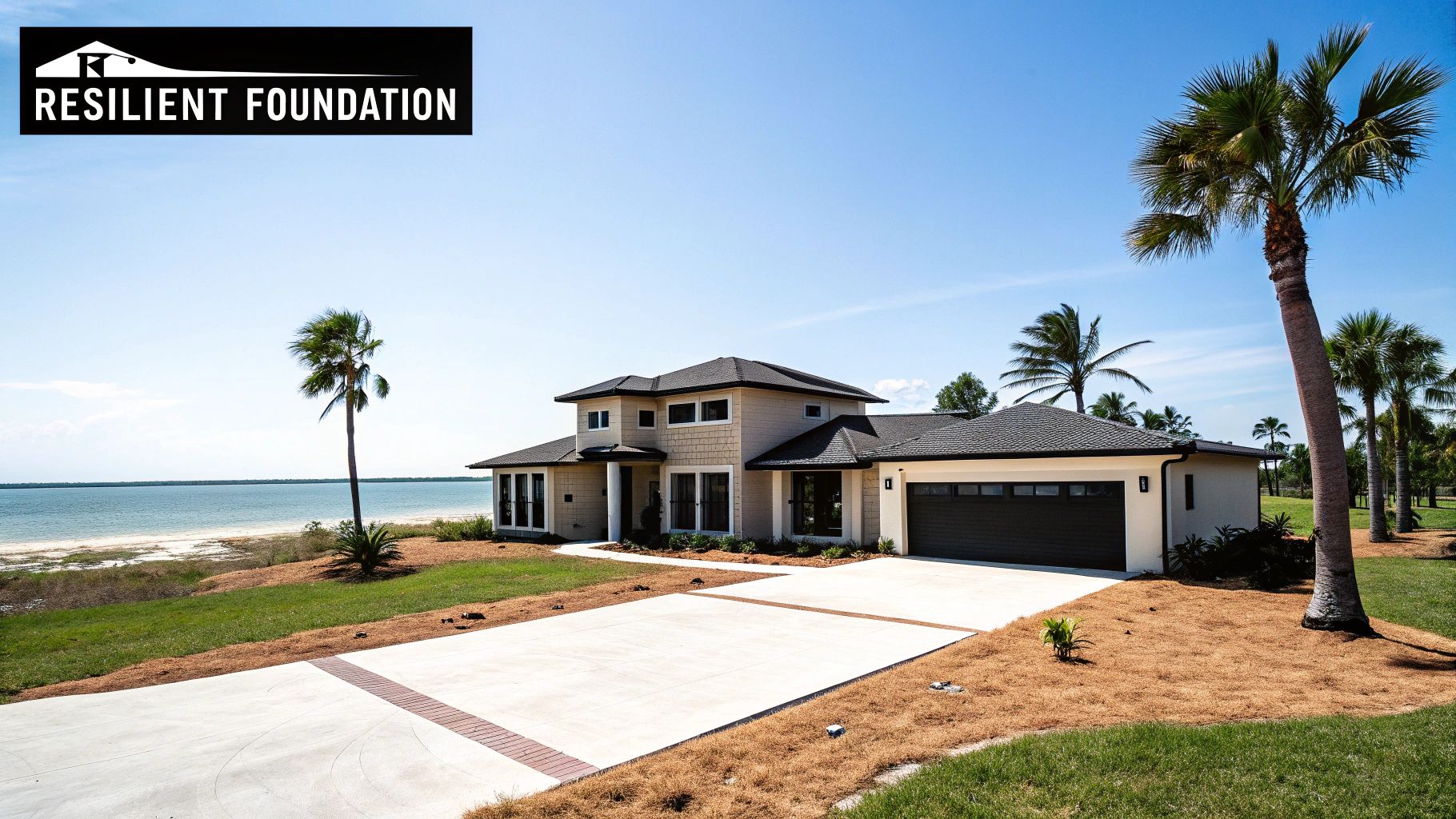 A modern two-story house with a long driveway and palm trees overlooks a serene beach and ocean.