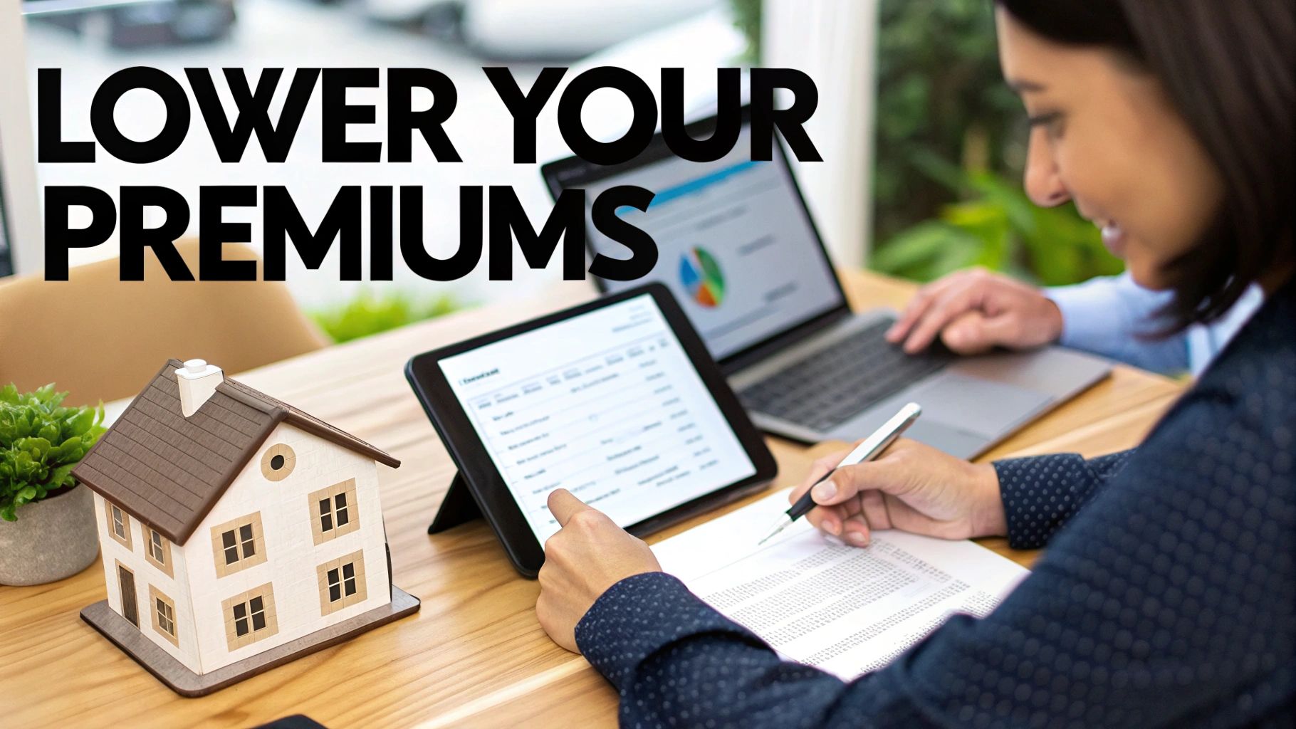 A person reviews home insurance options on a laptop and tablet with a house model to save.