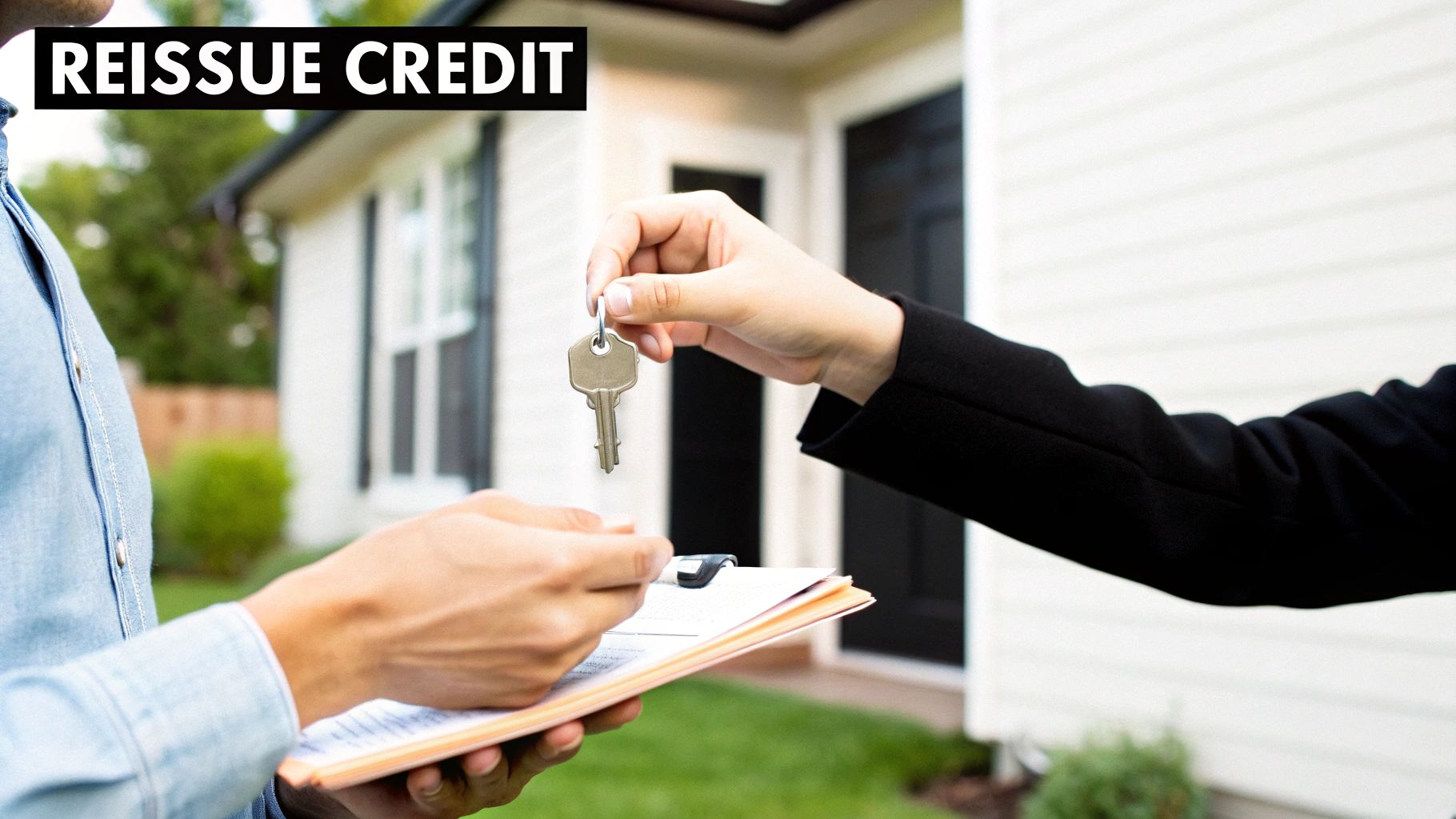 A person hands house keys to another person holding a clipboard, symbolizing a home transfer.