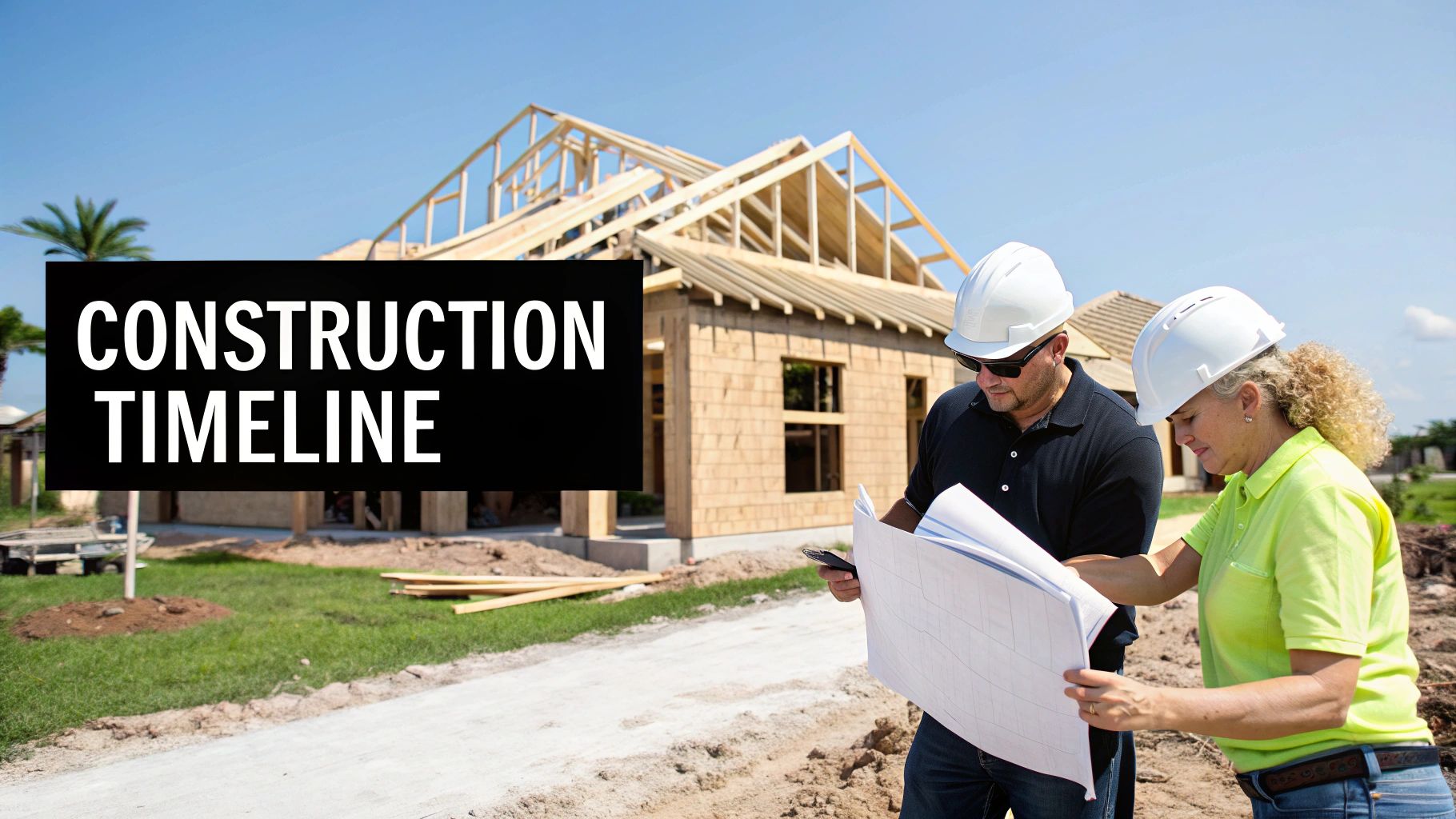 Two construction workers review blueprints at a building site, with a framed house and a 'CONSTRUCTION TIMELINE' sign.