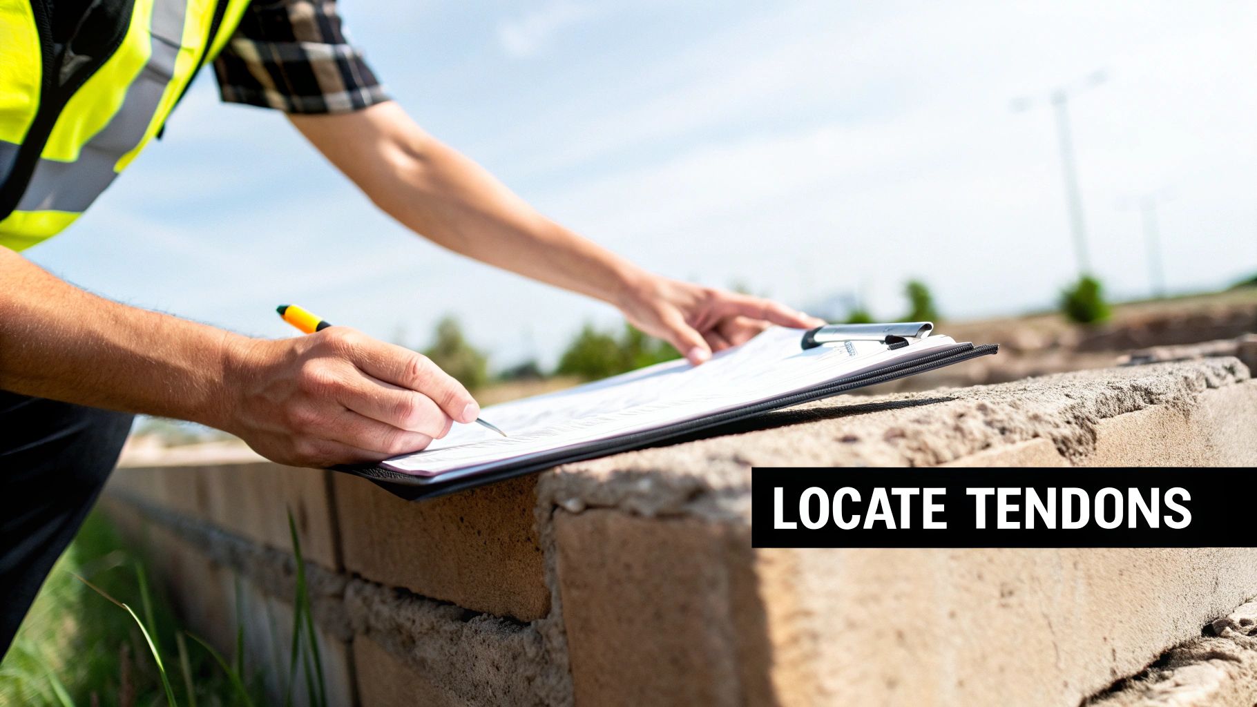 A construction worker in a safety vest writing on a clipboard at an outdoor job site.