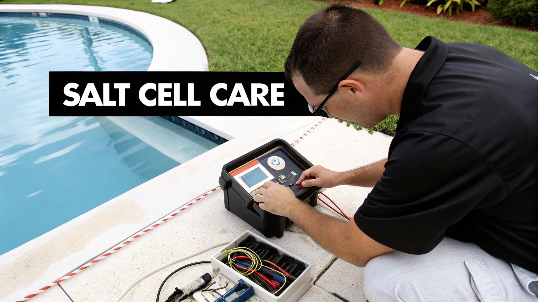 A man performs salt cell care on a saltwater pool, testing equipment by the poolside.