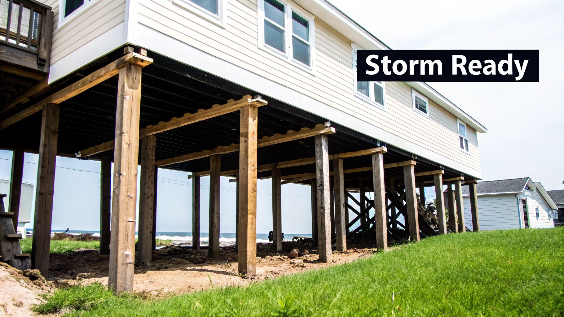A modern stilt home in Florida with a whole-home generator visible on the ground level.