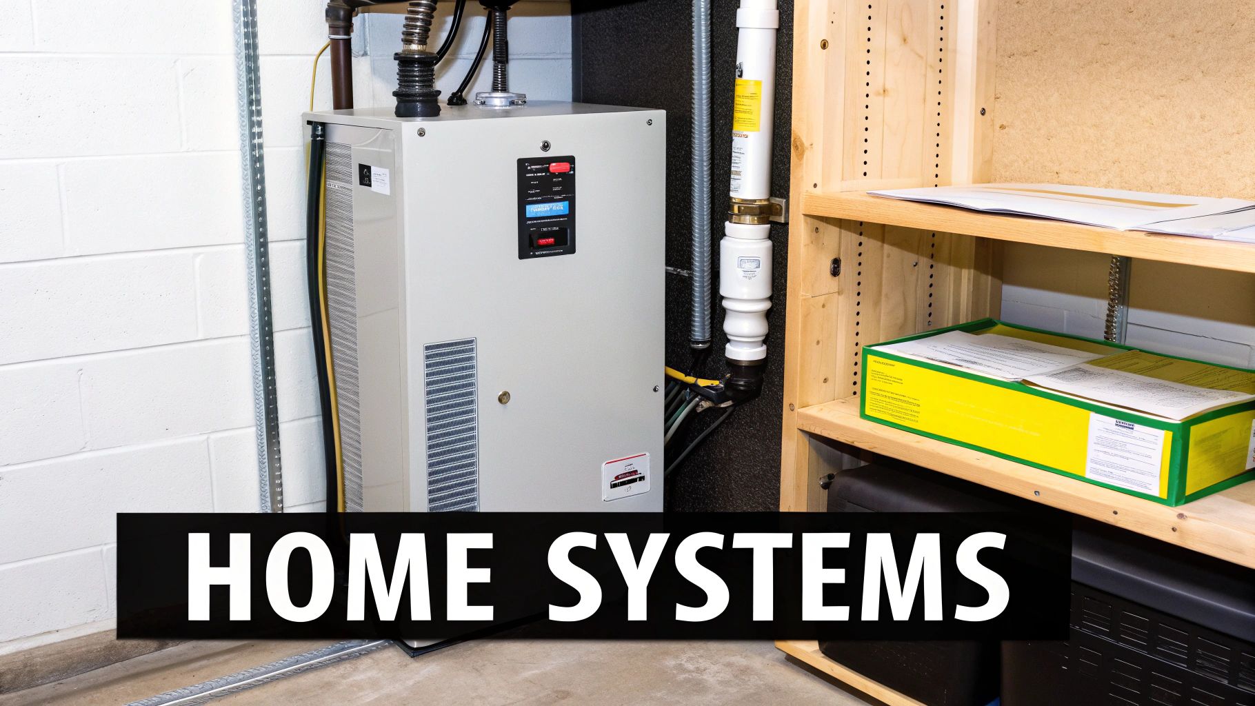 A central home system, likely for heating or water, with a control panel in a utility room.