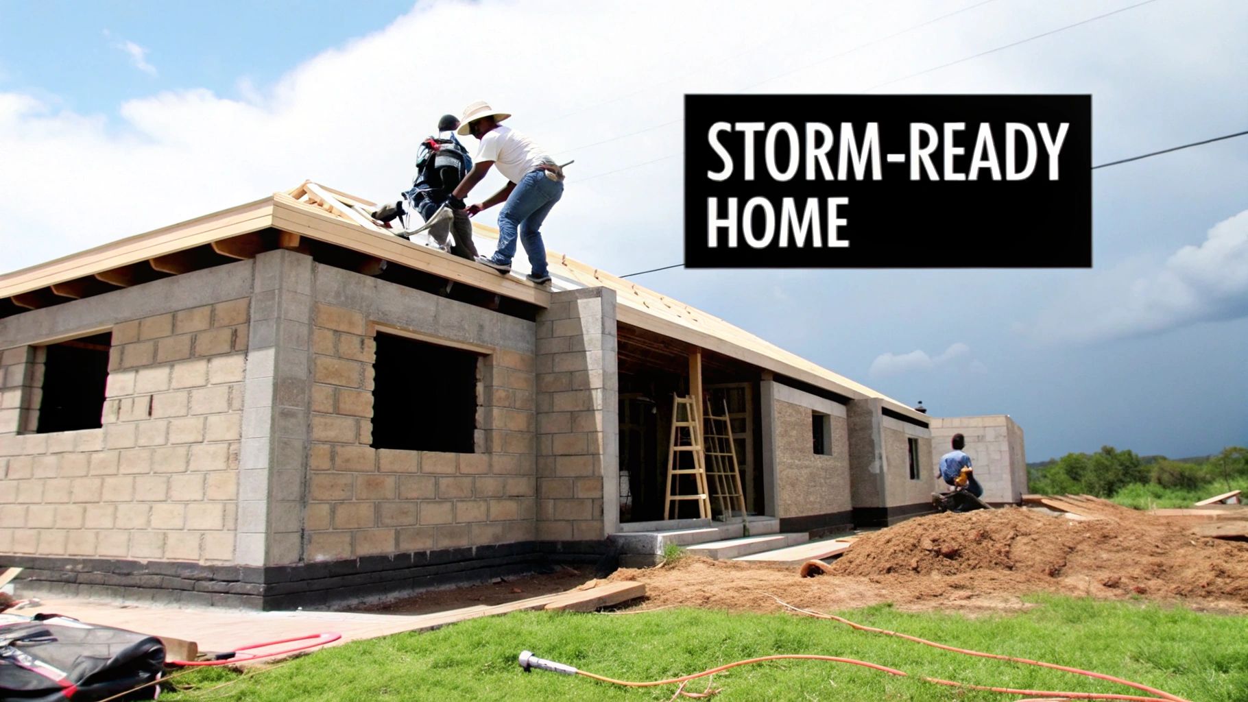 Two construction workers build the roof of a storm-ready house made of concrete blocks on a cloudy day.