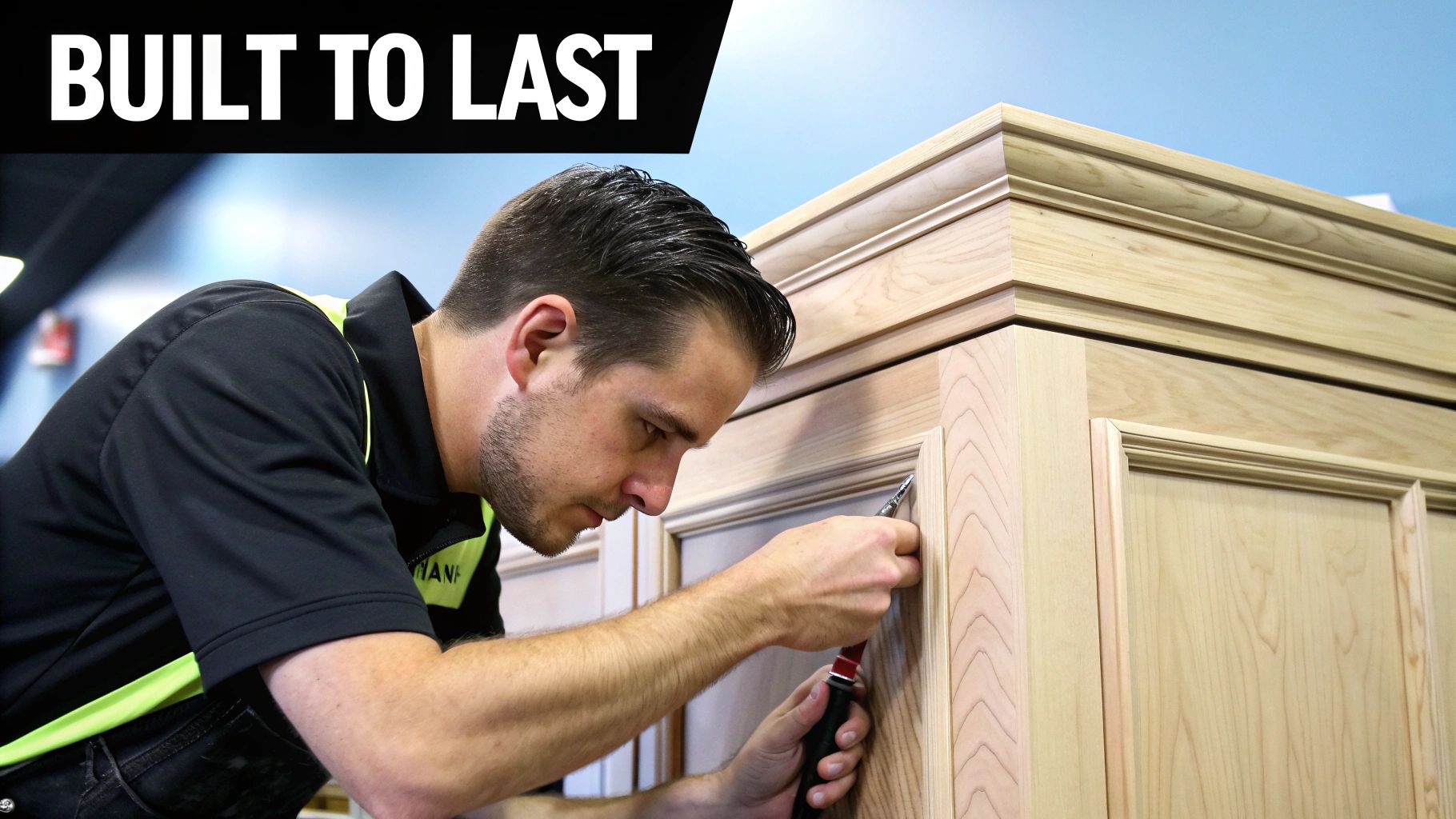 Skilled craftsman meticulously working on finishing touches of a custom-built wooden cabinet.