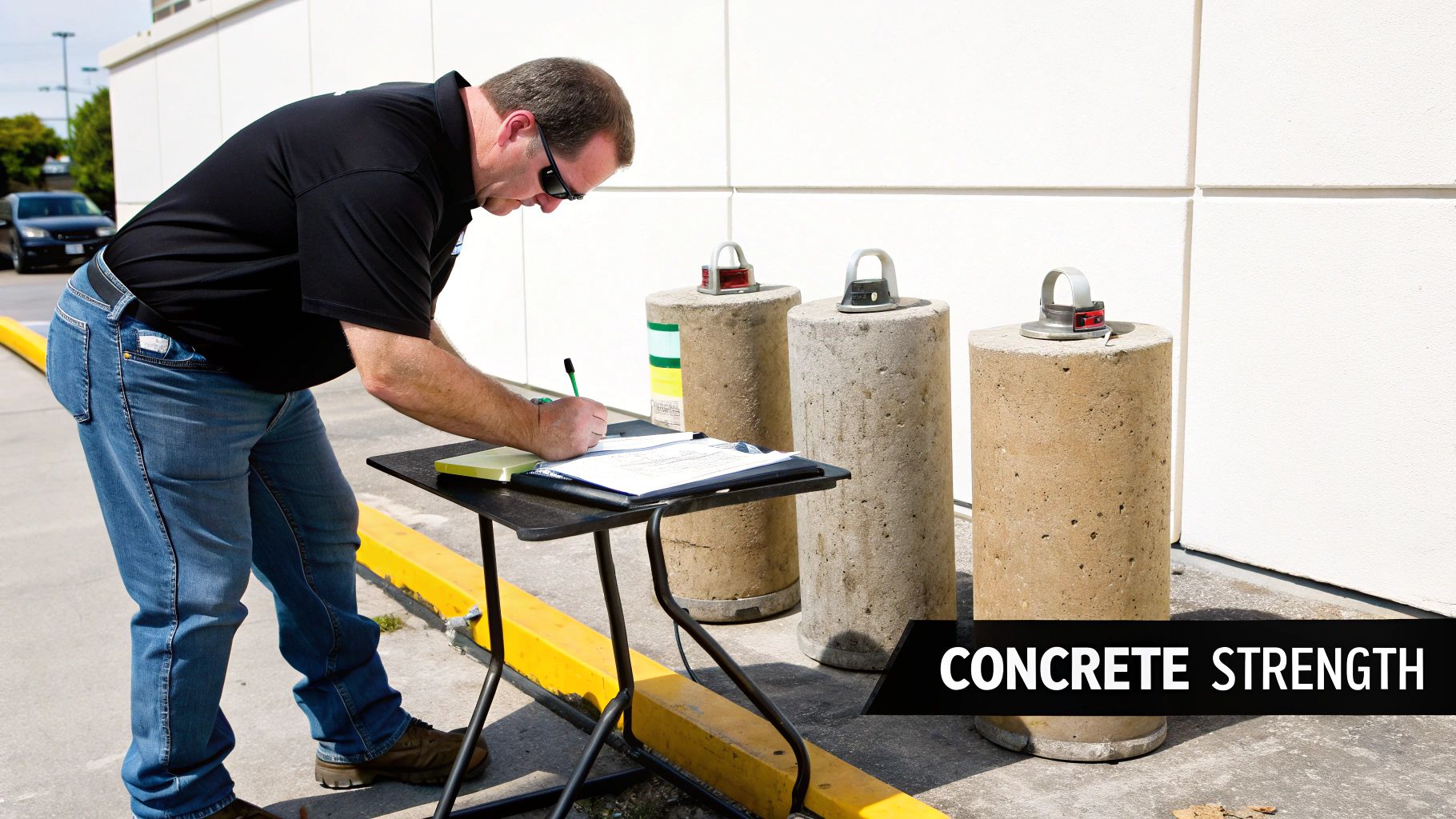 A man in jeans and a black shirt writes on a clipboard next to concrete strength samples.