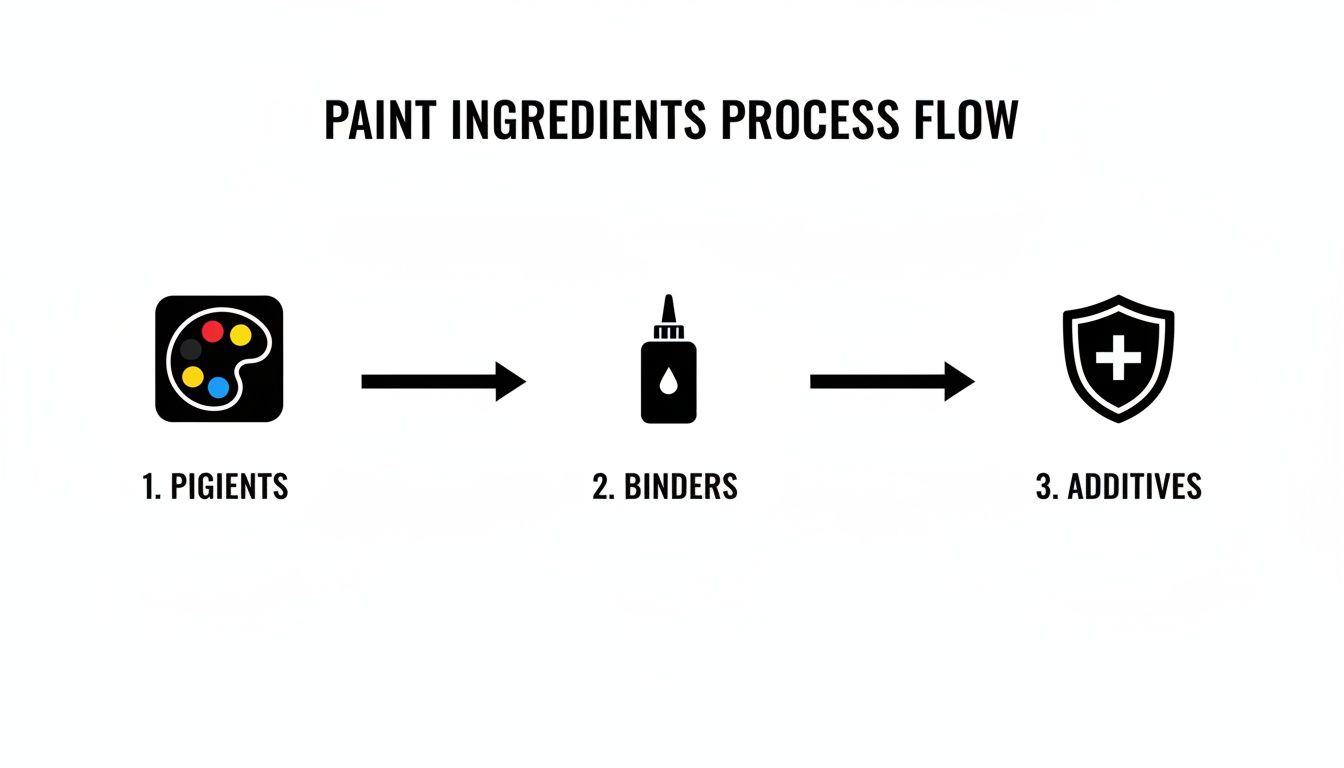 Flowchart illustrating the paint ingredients process: pigments, binders, and additives in sequence.