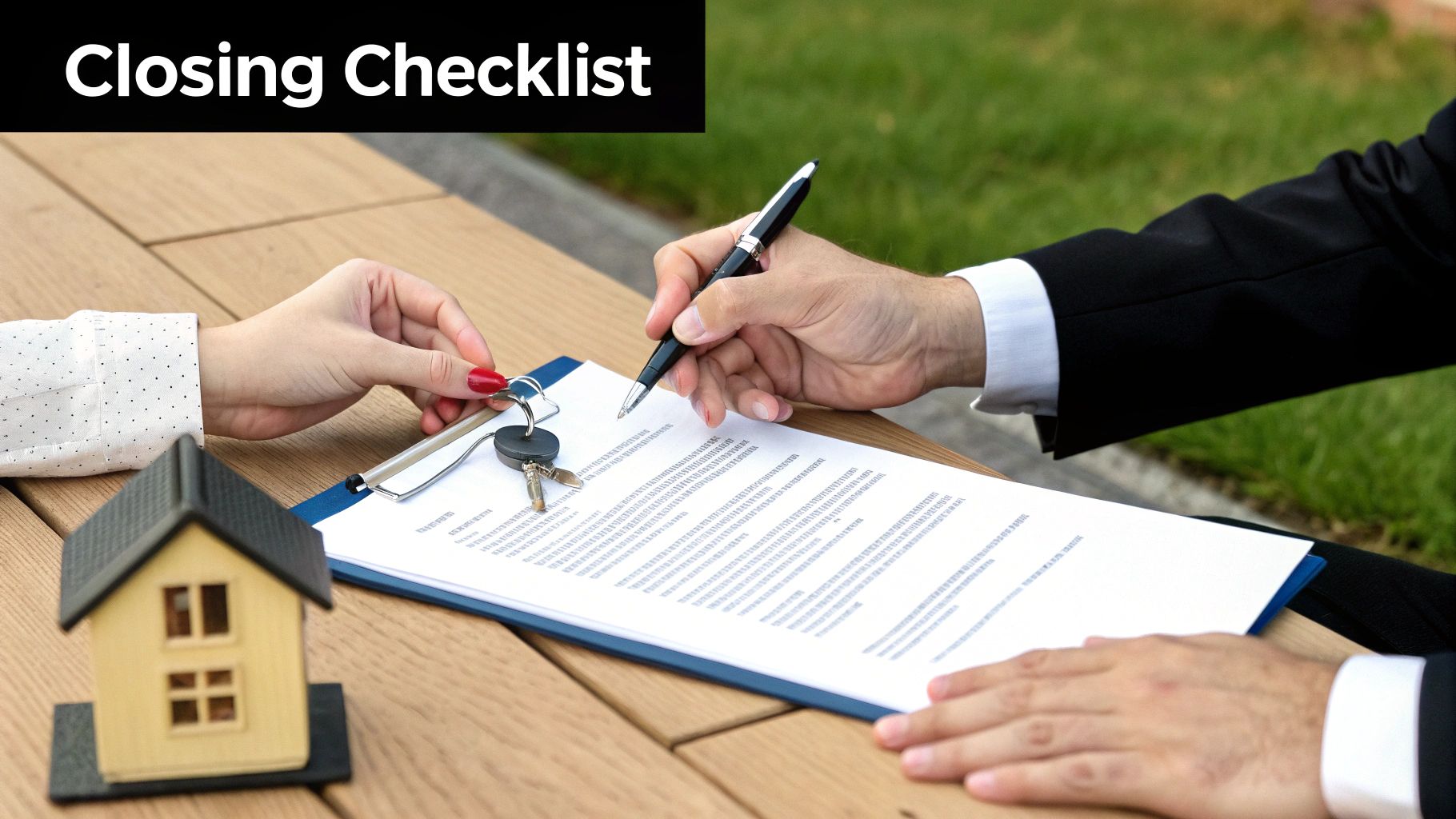 Hands exchanging house keys and signing a document on a closing checklist, with a model house.