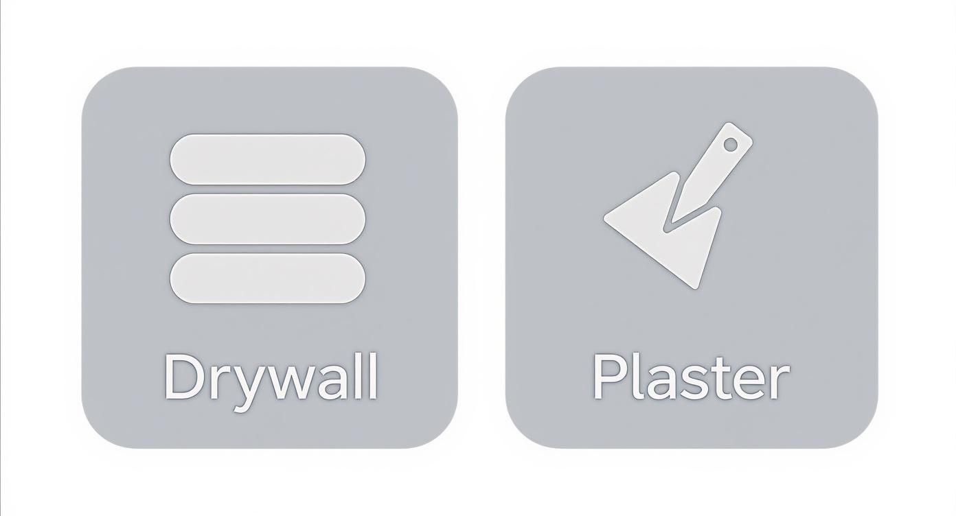 Two grey icons: one depicting three stacked rectangles for drywall, and another showing a trowel for plaster.