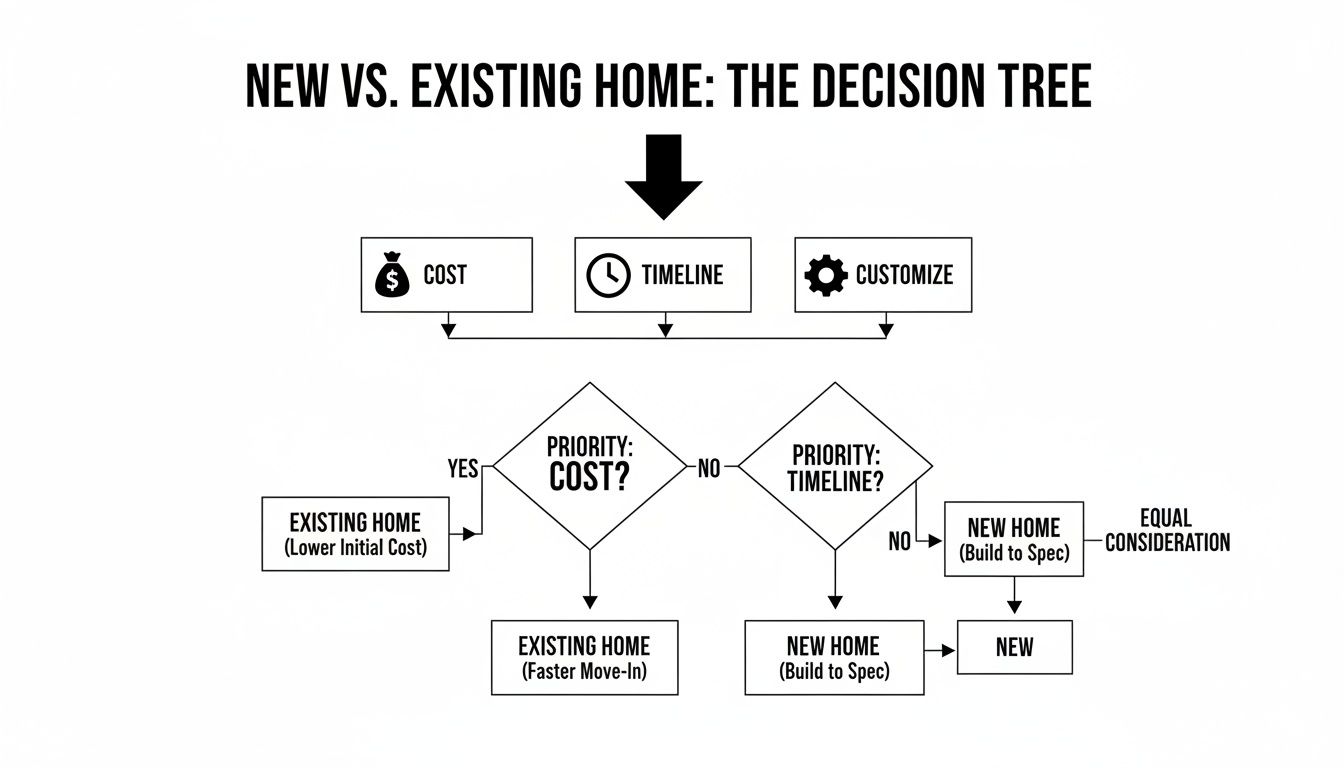 Decision tree flowchart comparing new vs. existing homes, prioritizing factors like cost, timeline, and customization.