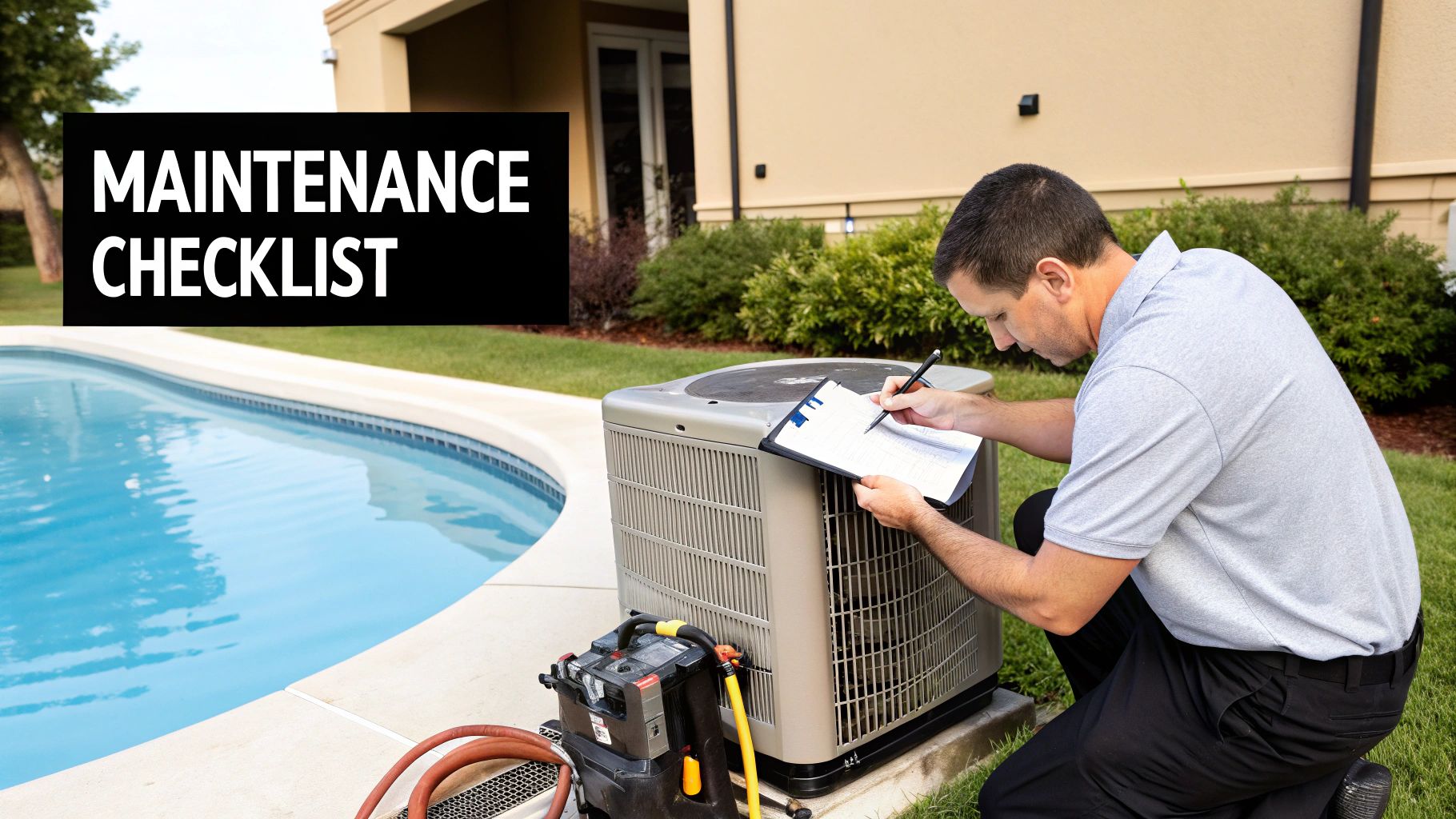 A technician performs maintenance on an outdoor heat pump unit next to a swimming pool.