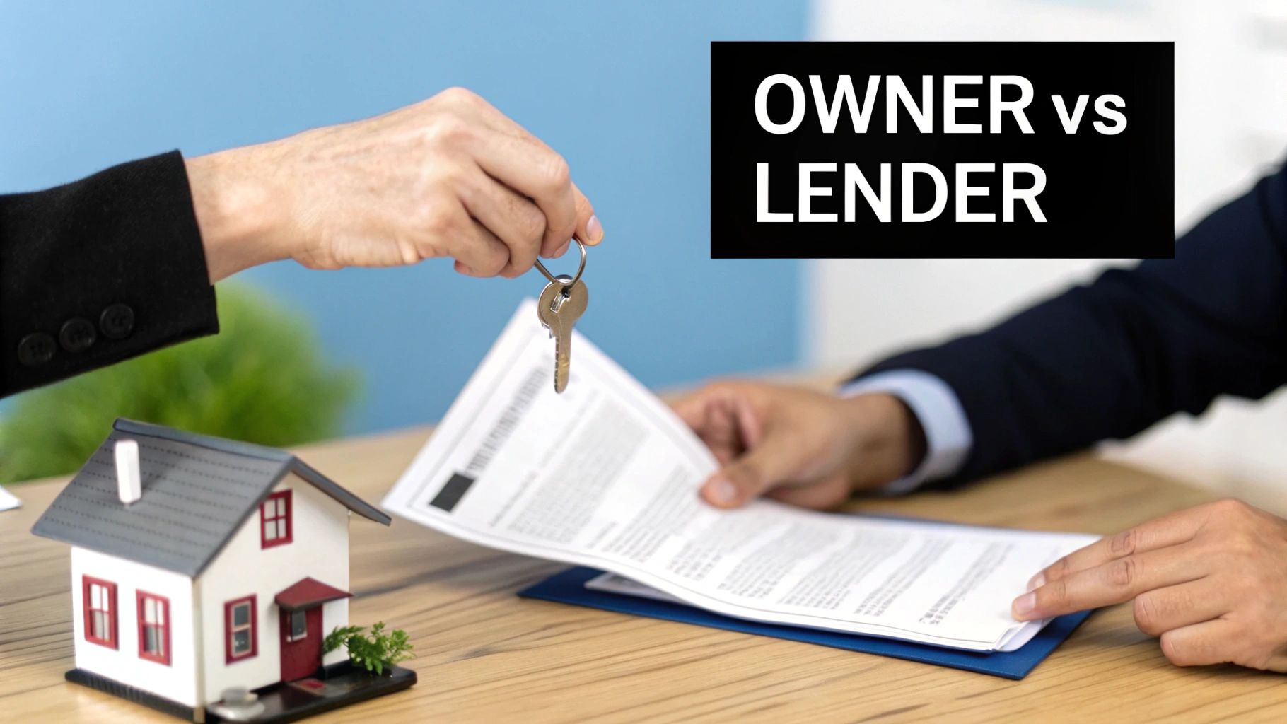 Hands exchanging house keys and documents over a desk with a miniature house, illustrating owner vs lender.