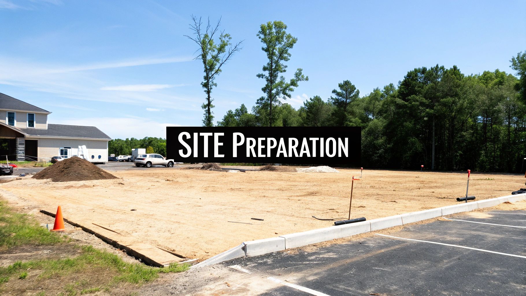 Construction site preparation work showing cleared land with dirt piles and safety markers for development