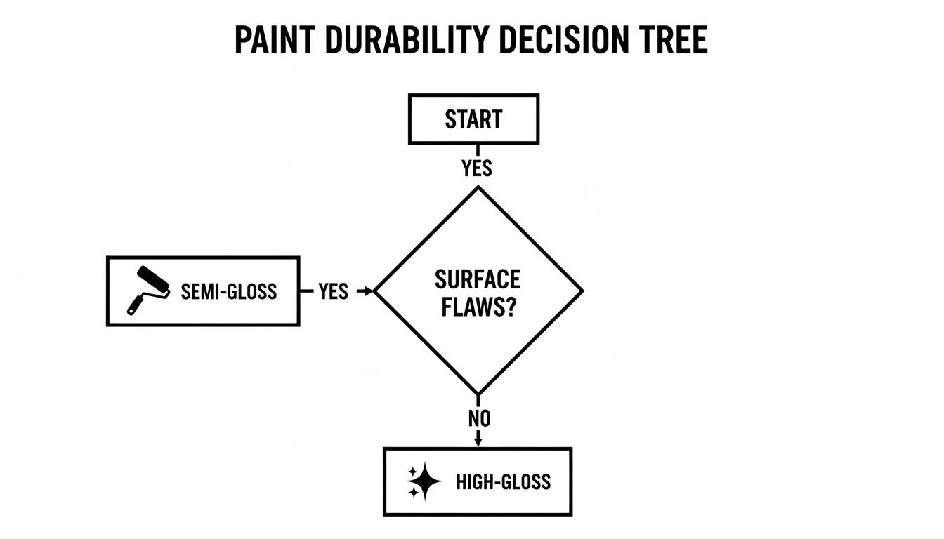 A decision tree flowchart illustrating paint finish choices: Semi-Gloss for surface flaws, High-Gloss for no flaws.